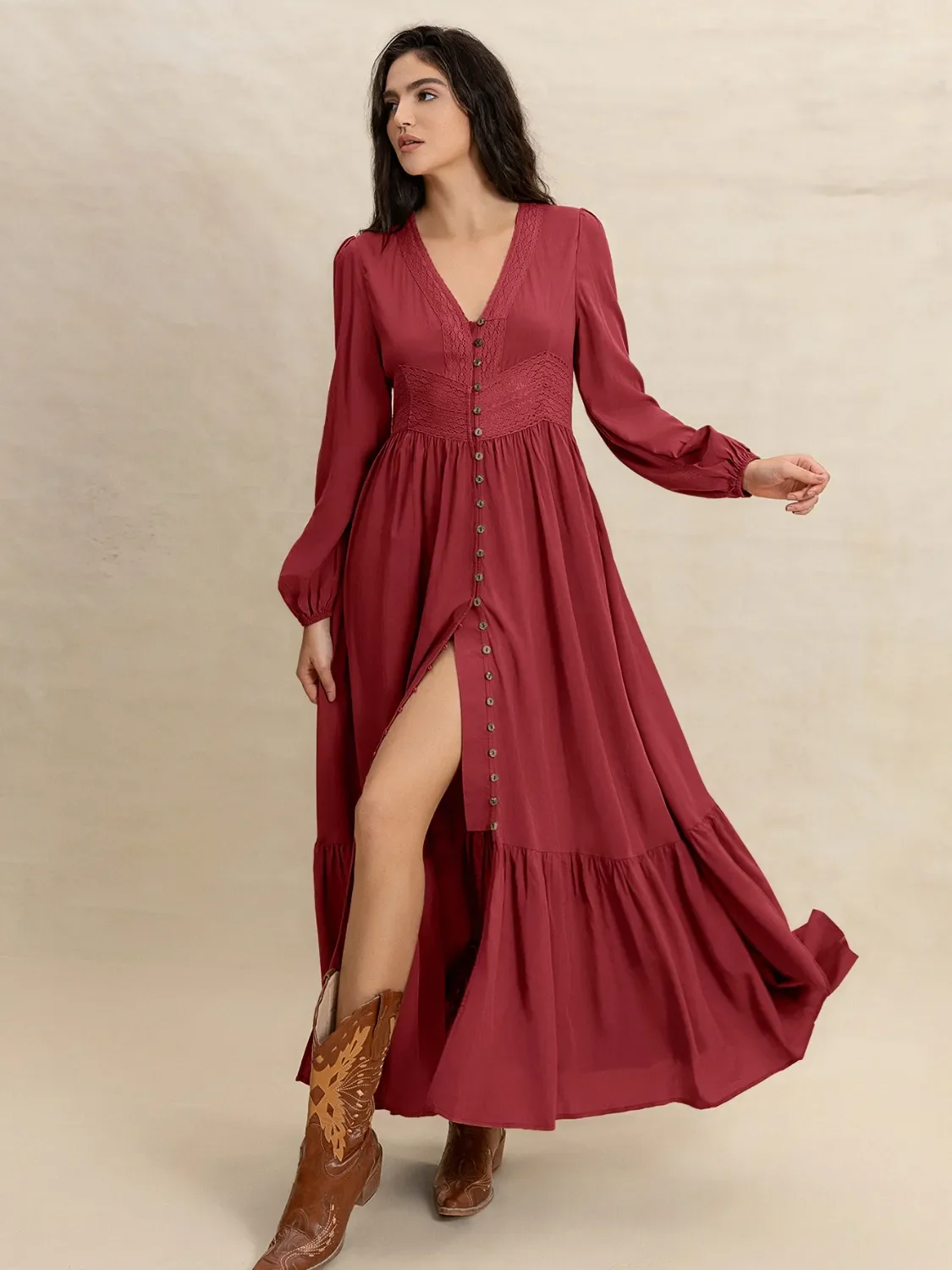 V-Neck Balloon Sleeve Ruffled Hem Maxi Dress - Image 2