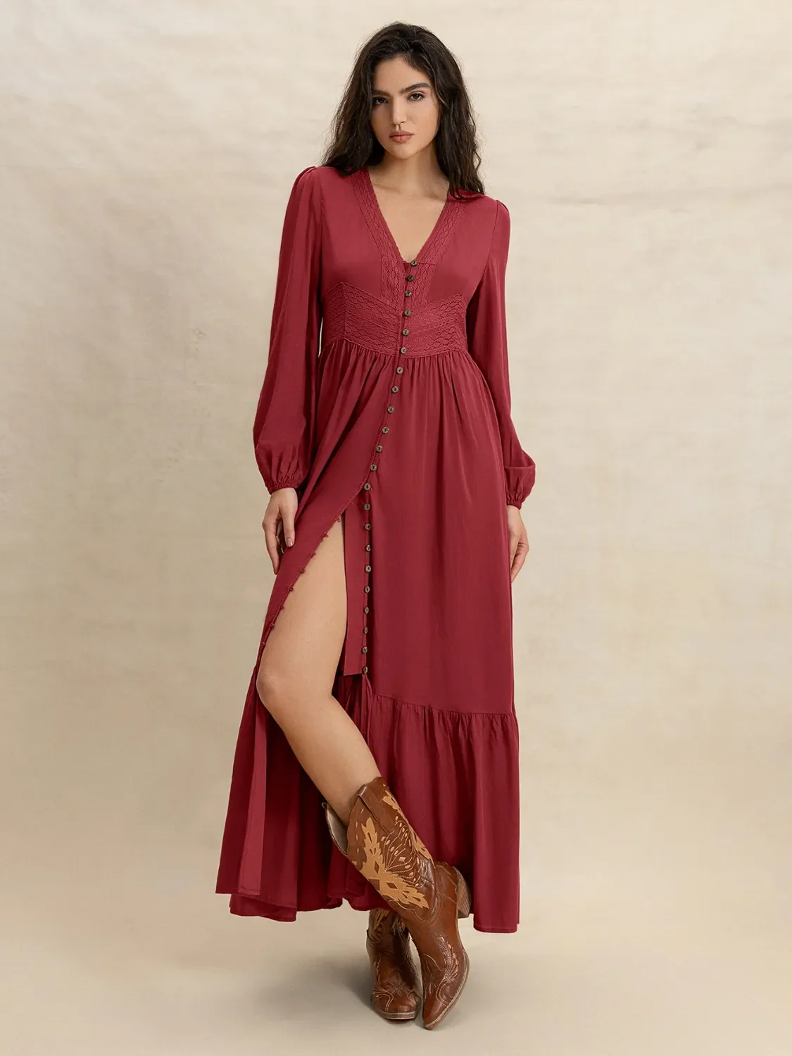 V-Neck Balloon Sleeve Ruffled Hem Maxi Dress - Image 3