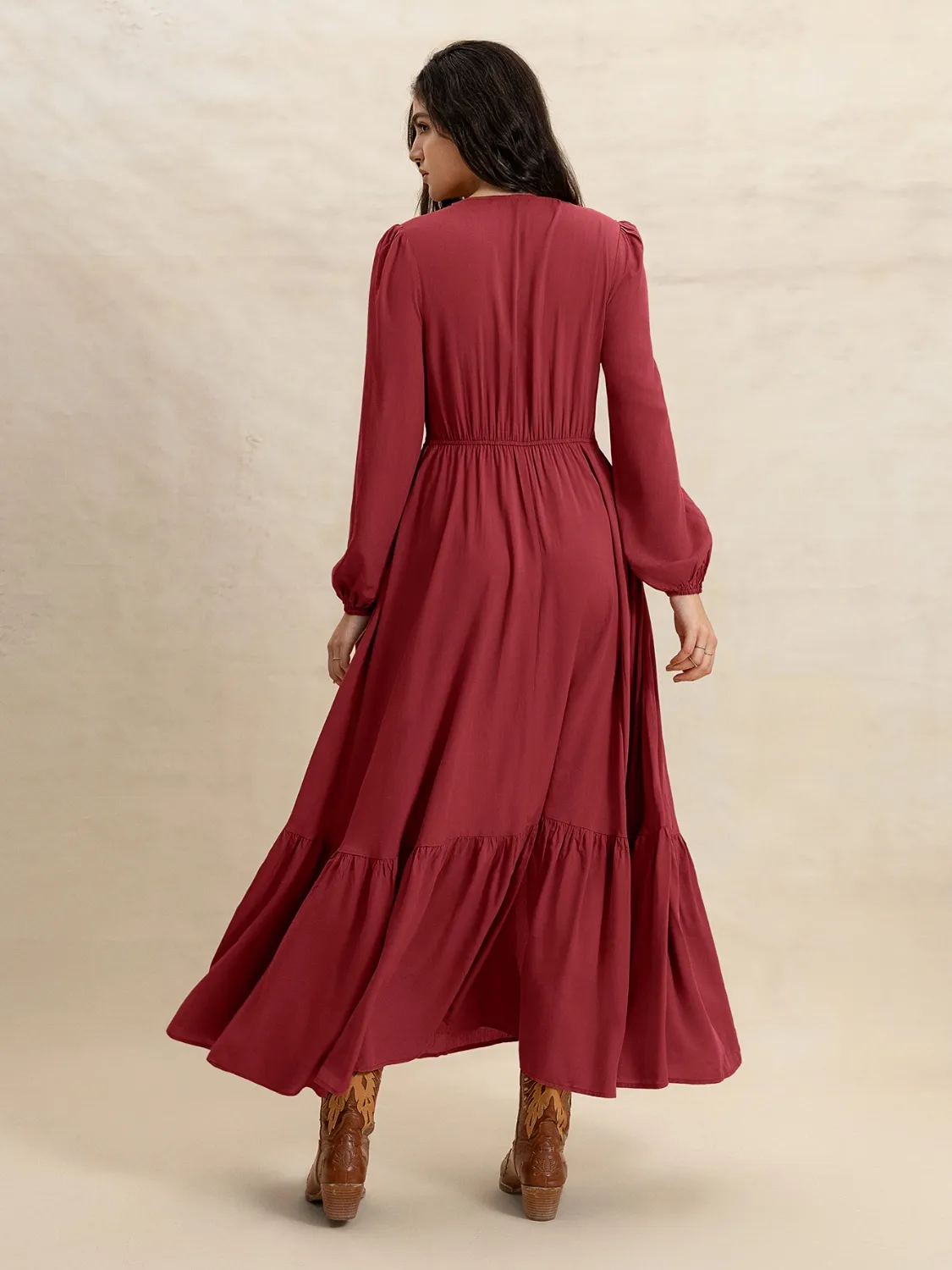 V-Neck Balloon Sleeve Ruffled Hem Maxi Dress - Image 4