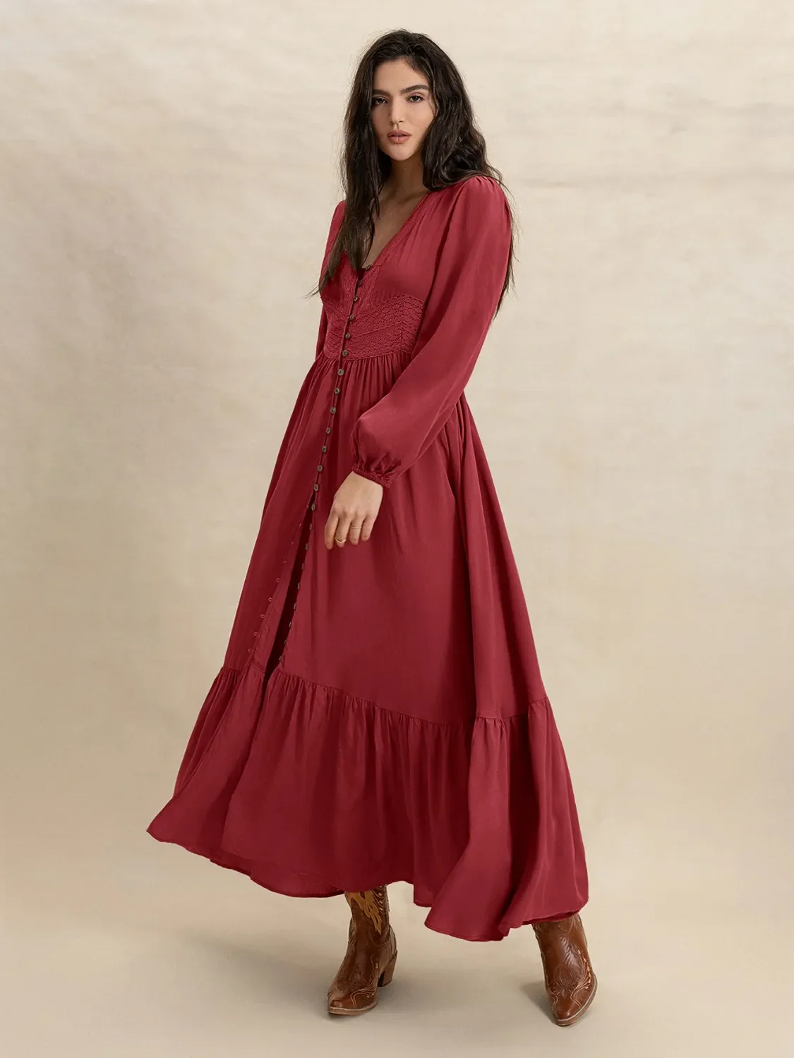 V-Neck Balloon Sleeve Ruffled Hem Maxi Dress - Image 5