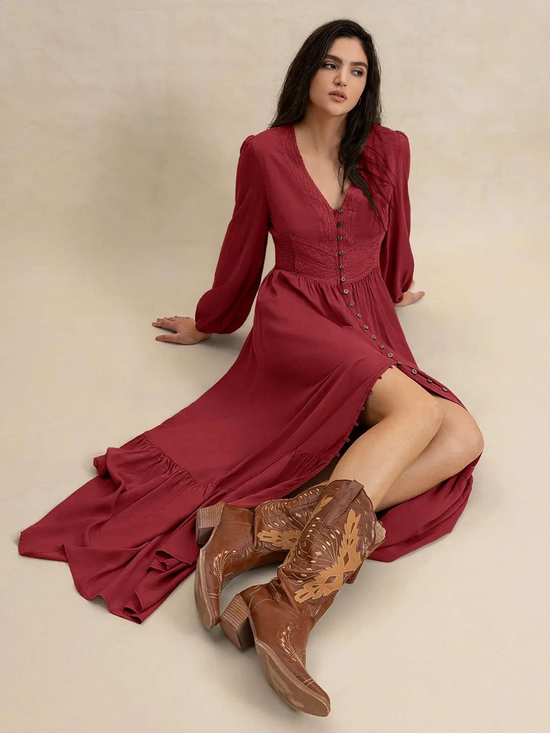 V-Neck Balloon Sleeve Ruffled Hem Maxi Dress - Image 7