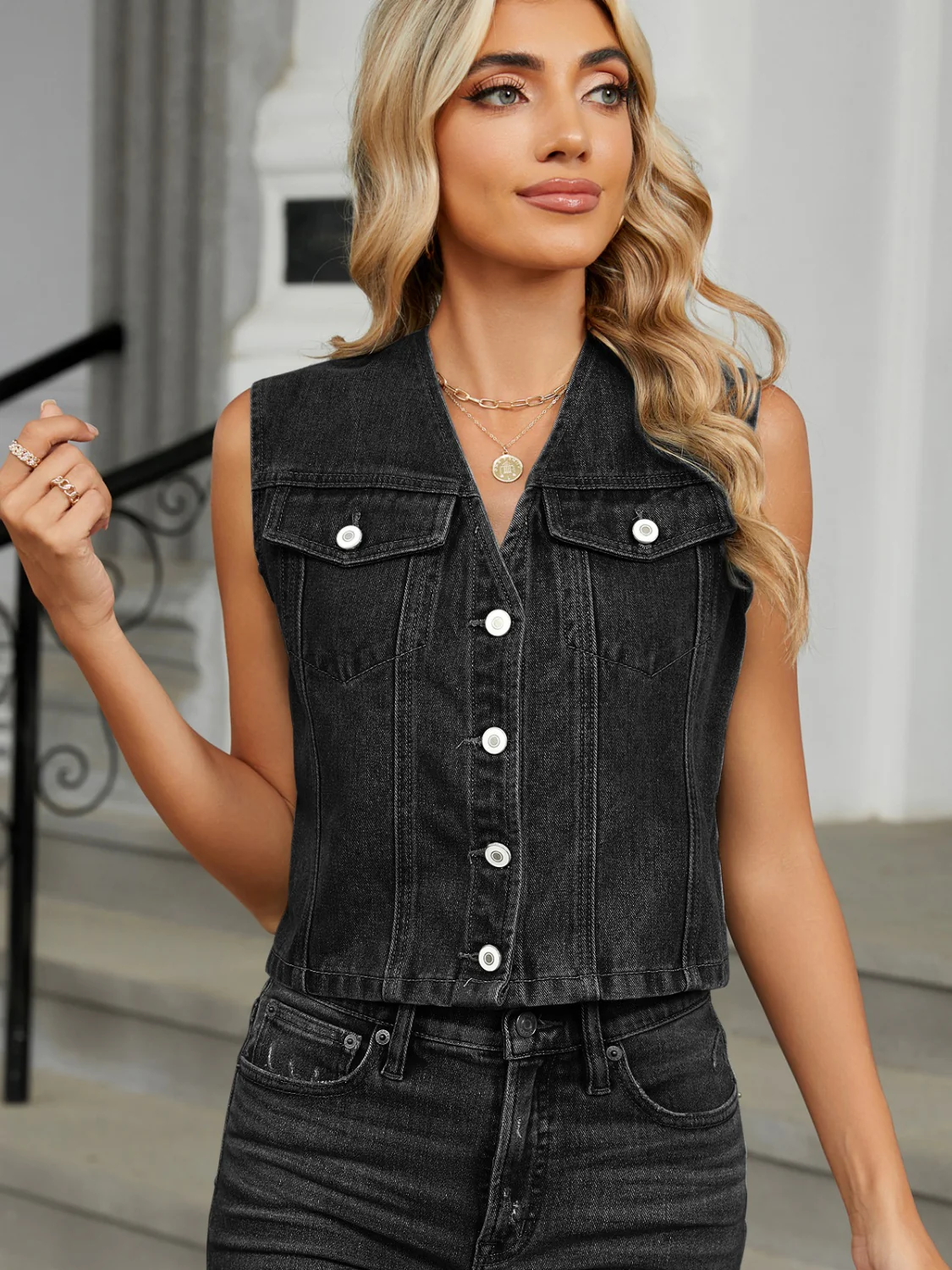 V-Neck Button Down Denim Vest - Image 7