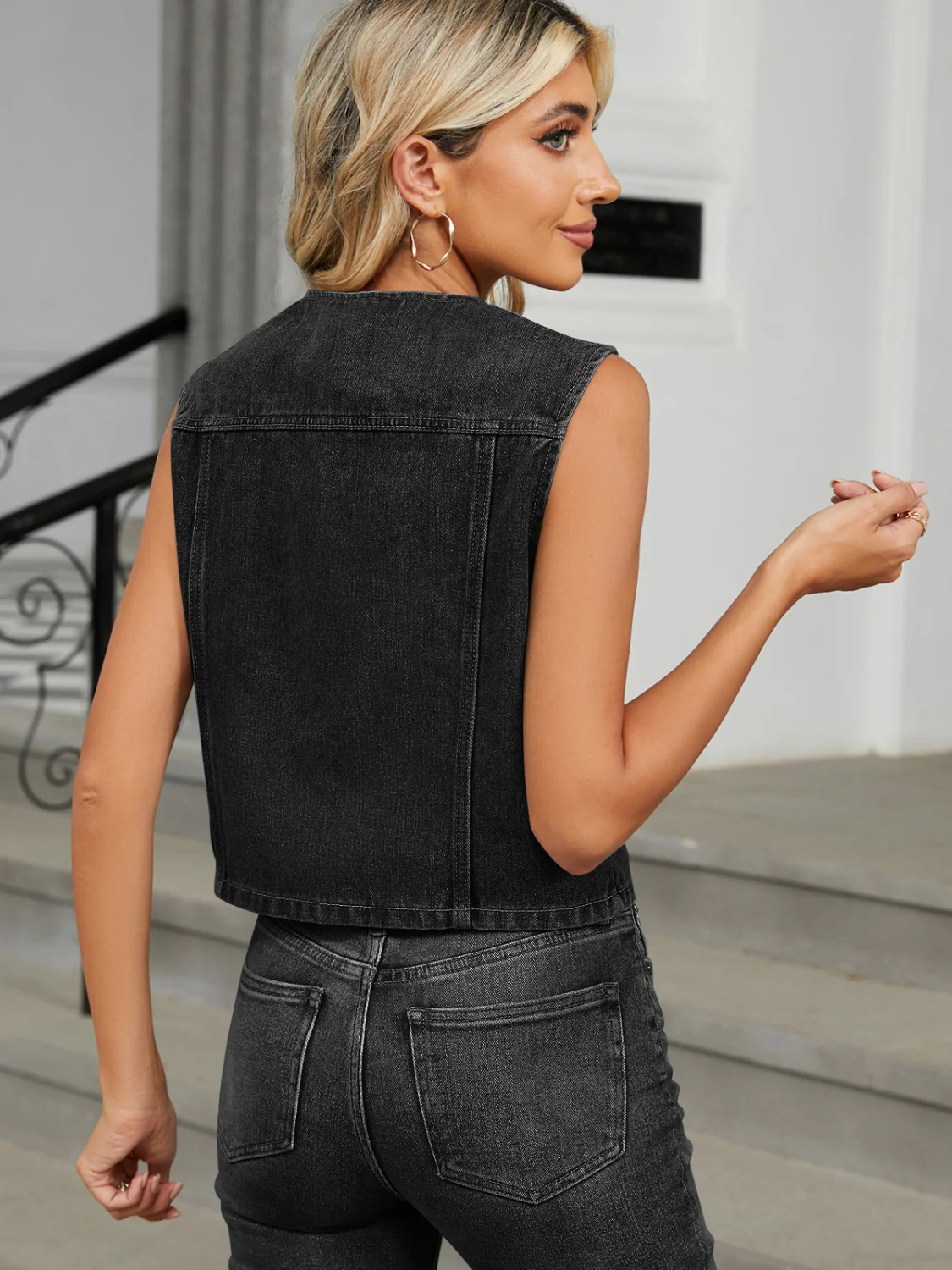 V-Neck Button Down Denim Vest - Image 8