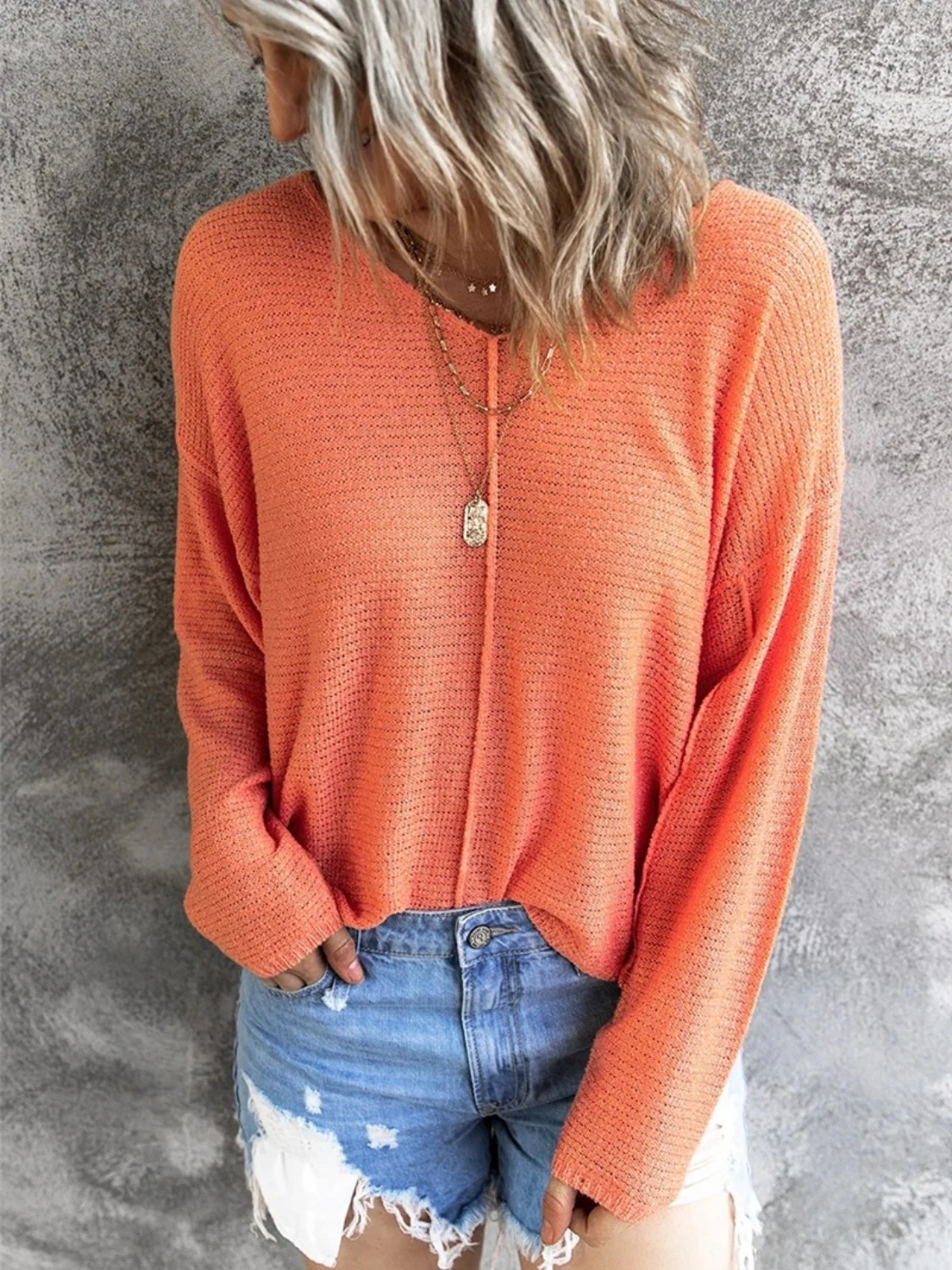 V-Neck Drop Shoulder Knit Top - Image 2