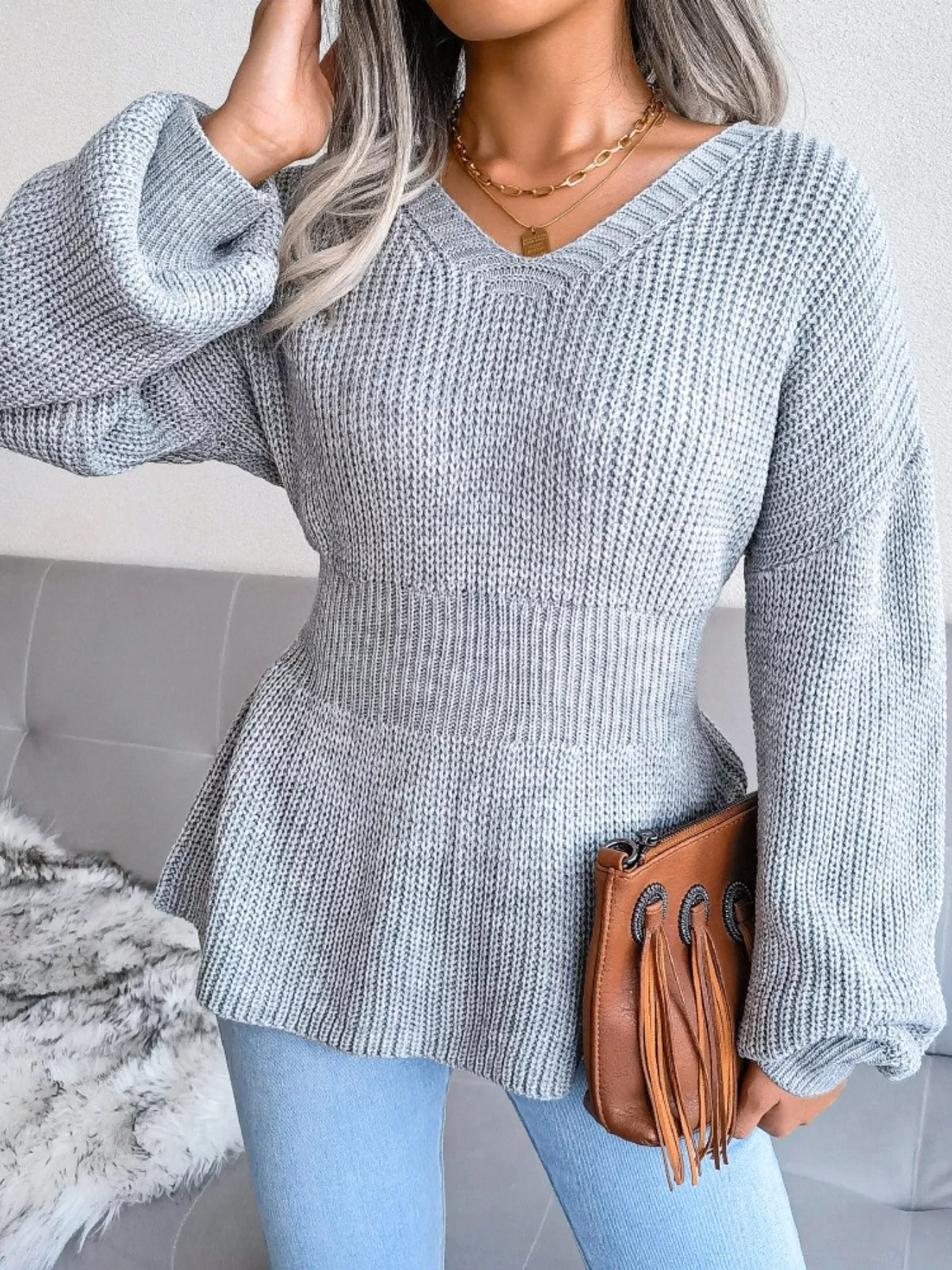 V-Neck Dropped Shoulder Sweater - Image 11