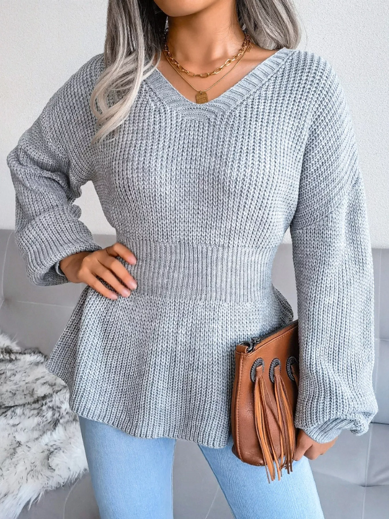 V-Neck Dropped Shoulder Sweater - Image 14