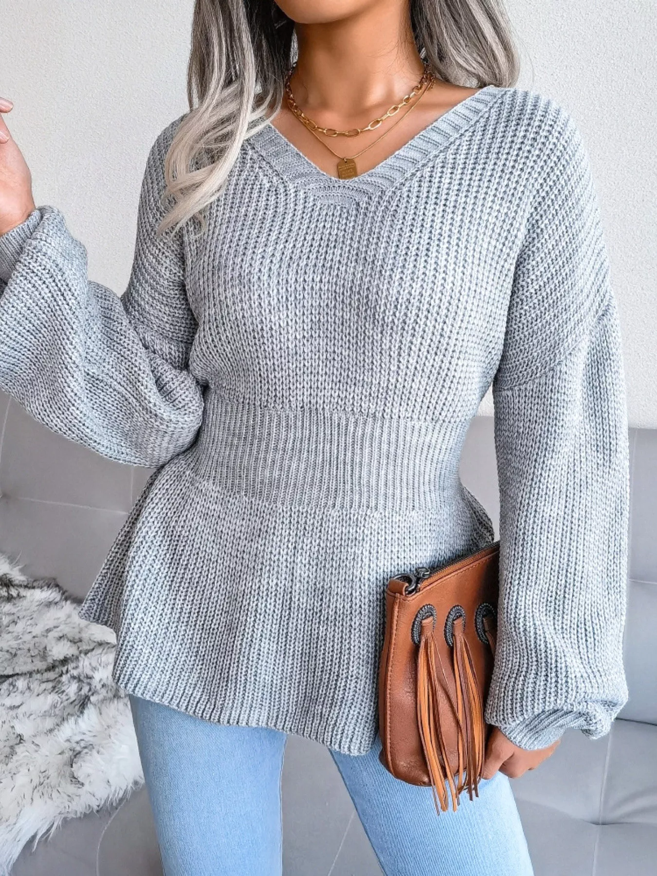 V-Neck Dropped Shoulder Sweater - Image 15