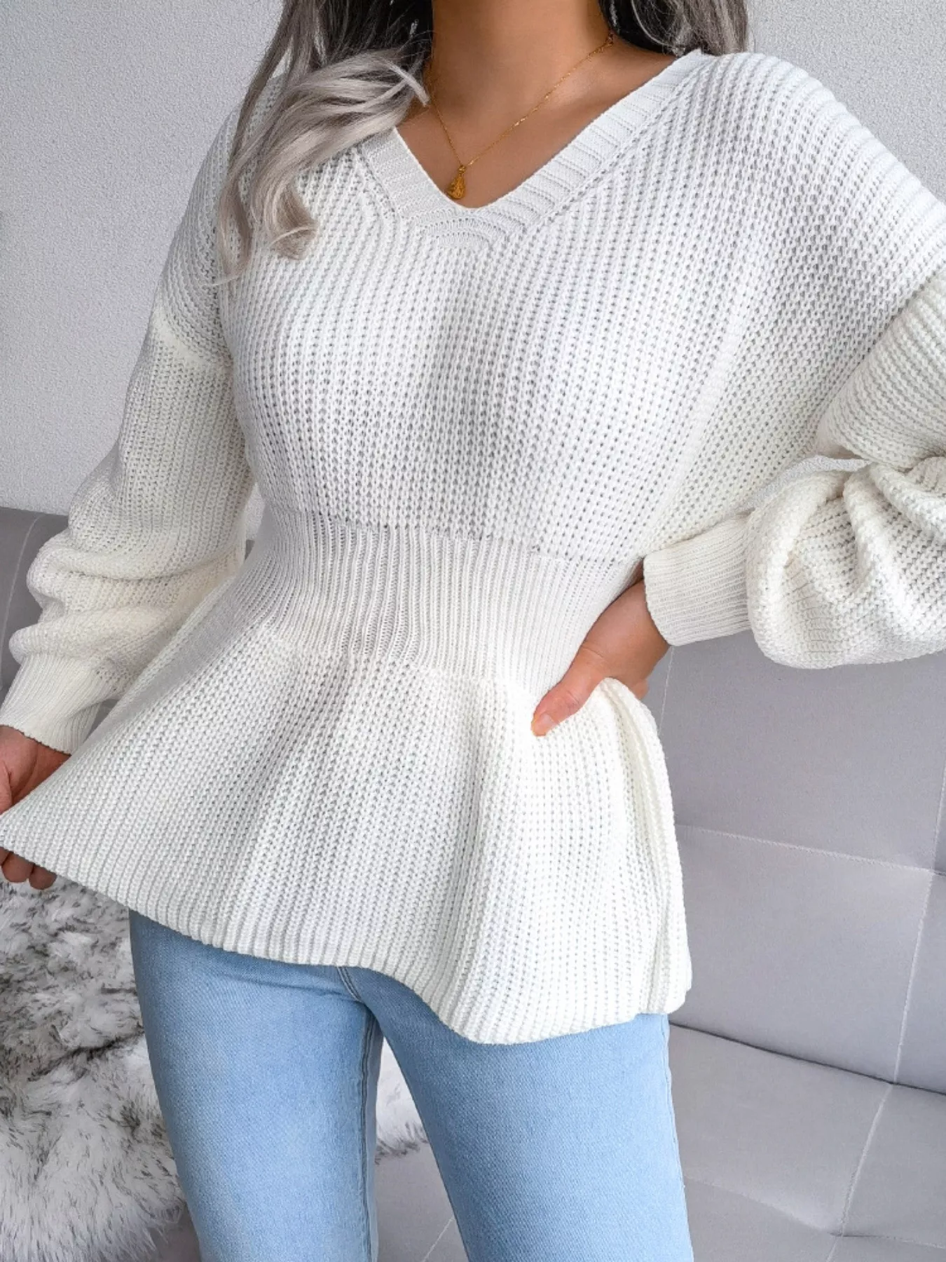 V-Neck Dropped Shoulder Sweater - Image 2