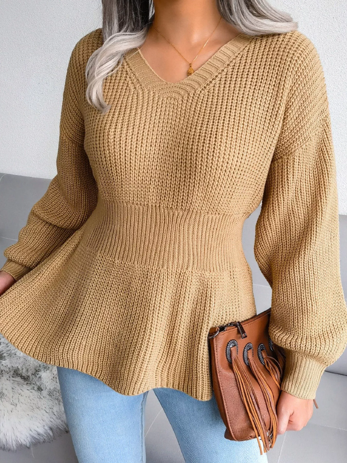 V-Neck Dropped Shoulder Sweater - Image 8