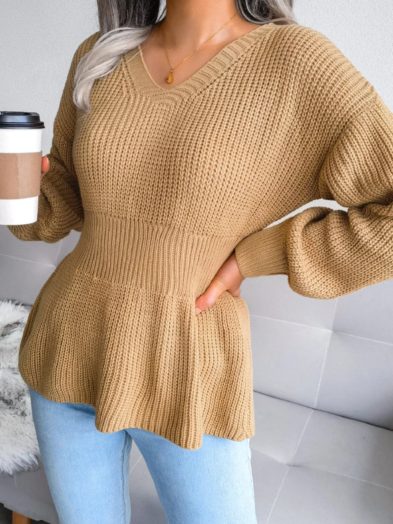 V-Neck Dropped Shoulder Sweater - Image 9