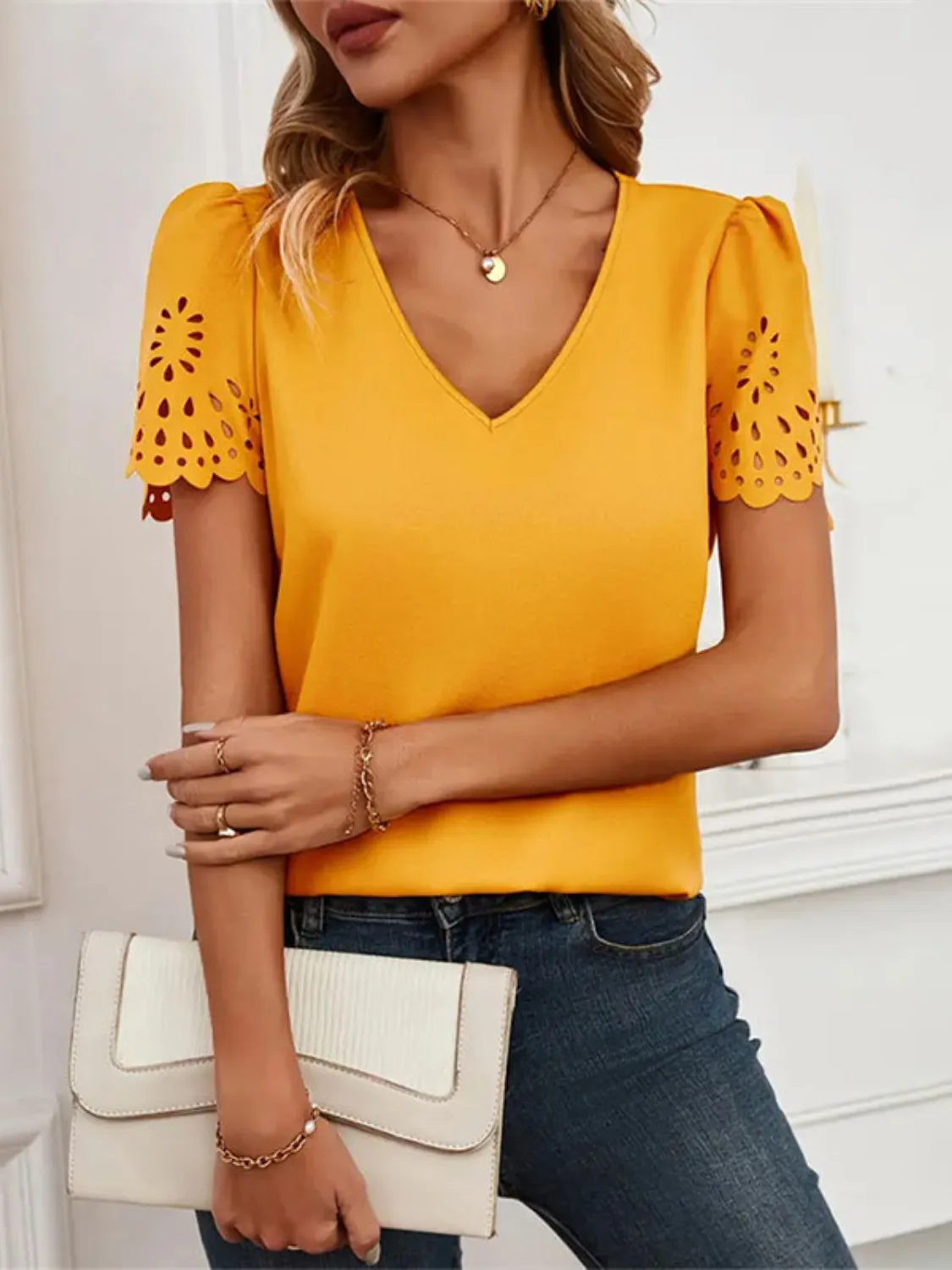 V-Neck Laser Cut Sleeve Blouse - Image 4