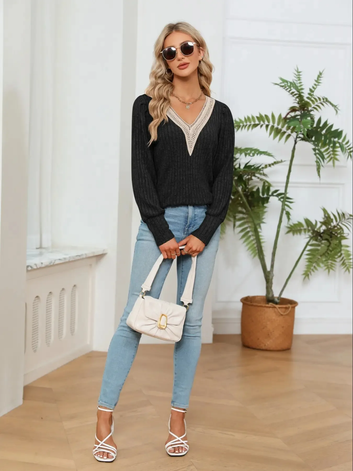 V-Neck Long Sleeve Blouse - Image 4