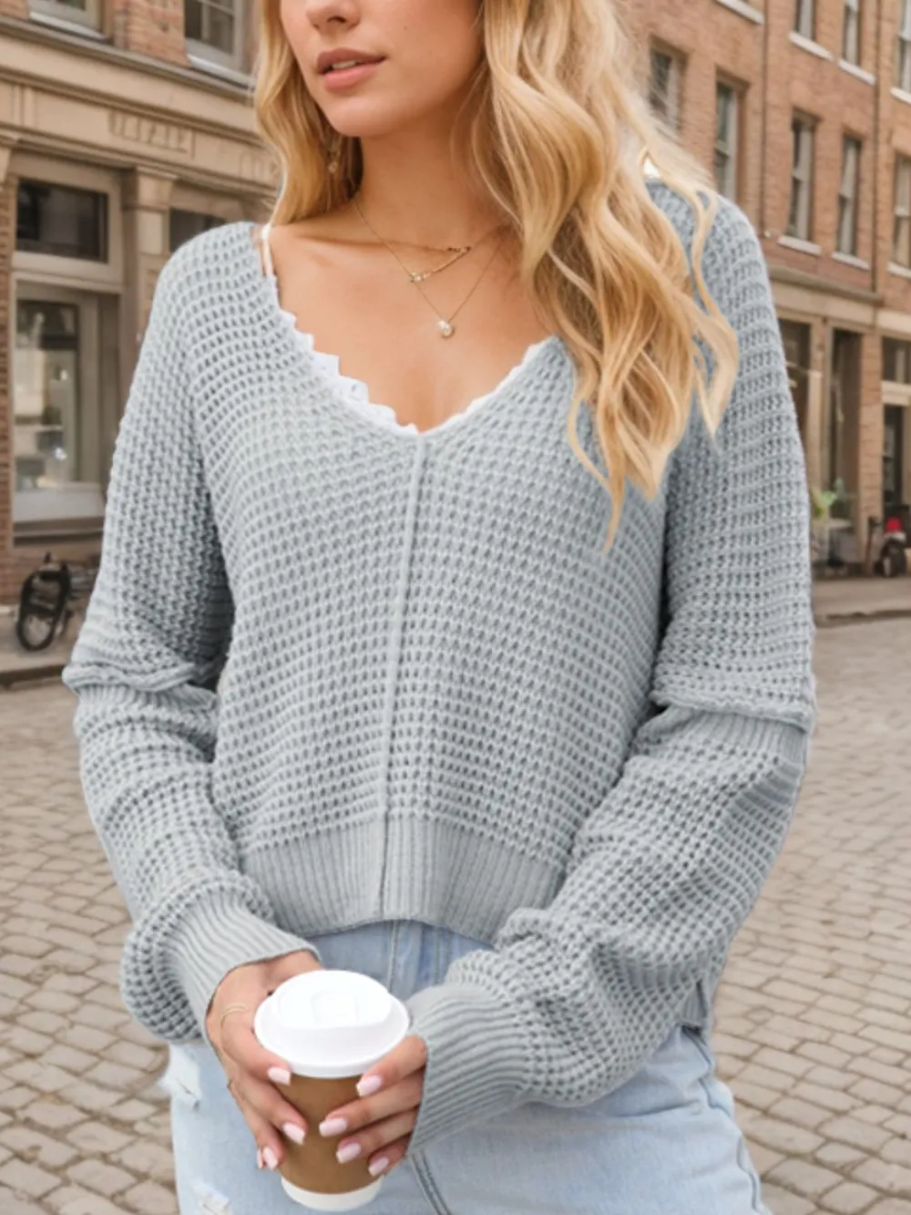 V-Neck Long Sleeve Sweater - Image 3