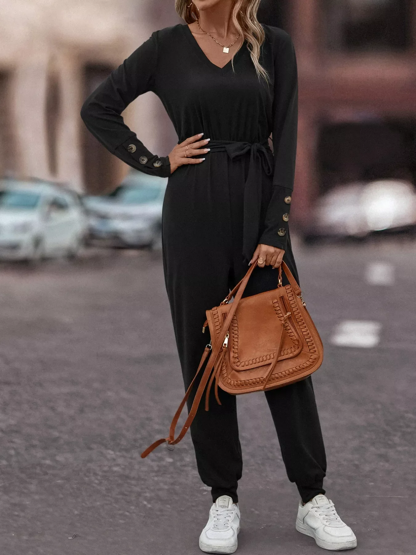 V-Neck Long Sleeve Tie Waist Jumpsuit - Image 2