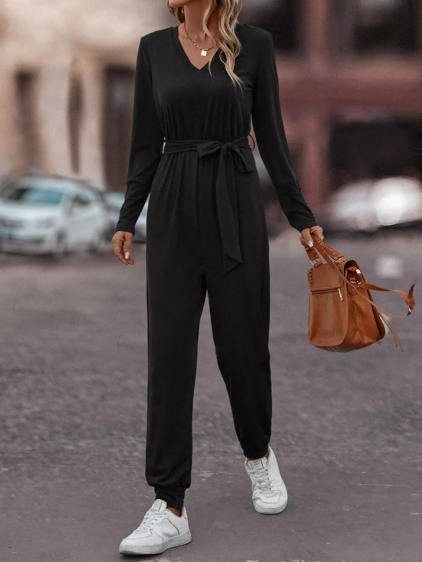 V-Neck Long Sleeve Tie Waist Jumpsuit - Image 3
