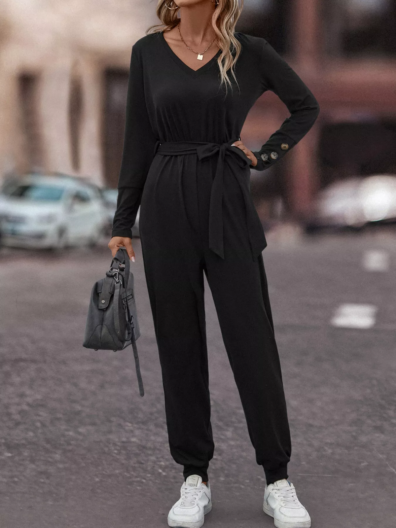 V-Neck Long Sleeve Tie Waist Jumpsuit - Image 4