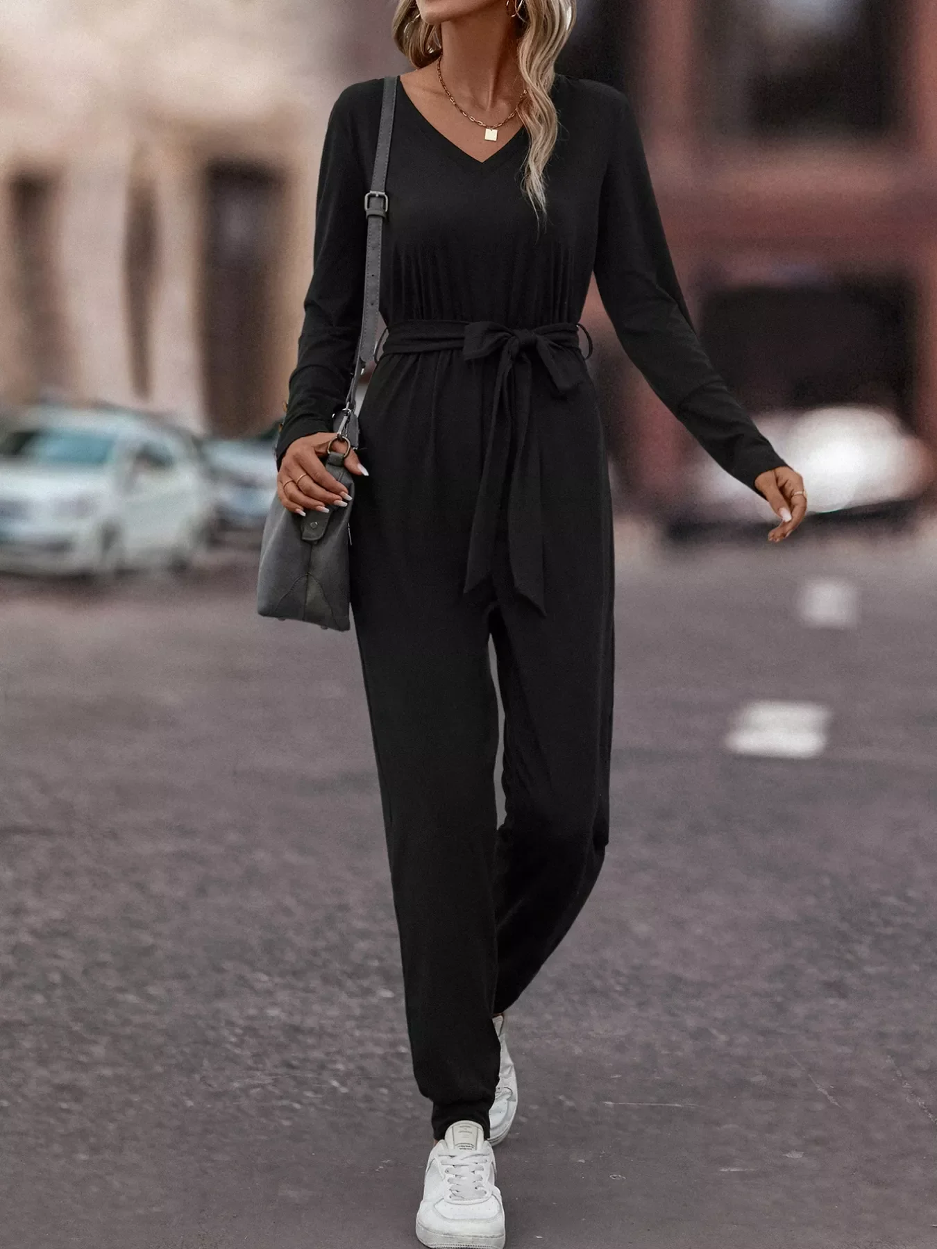 V-Neck Long Sleeve Tie Waist Jumpsuit - Image 5