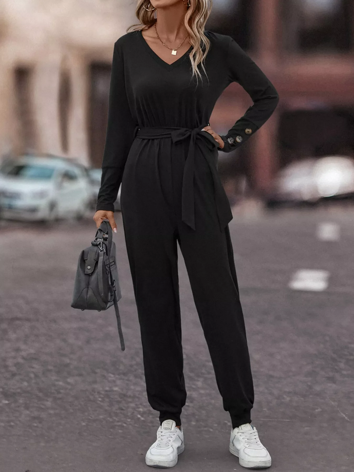 V-Neck Long Sleeve Tie Waist Jumpsuit - Image 7