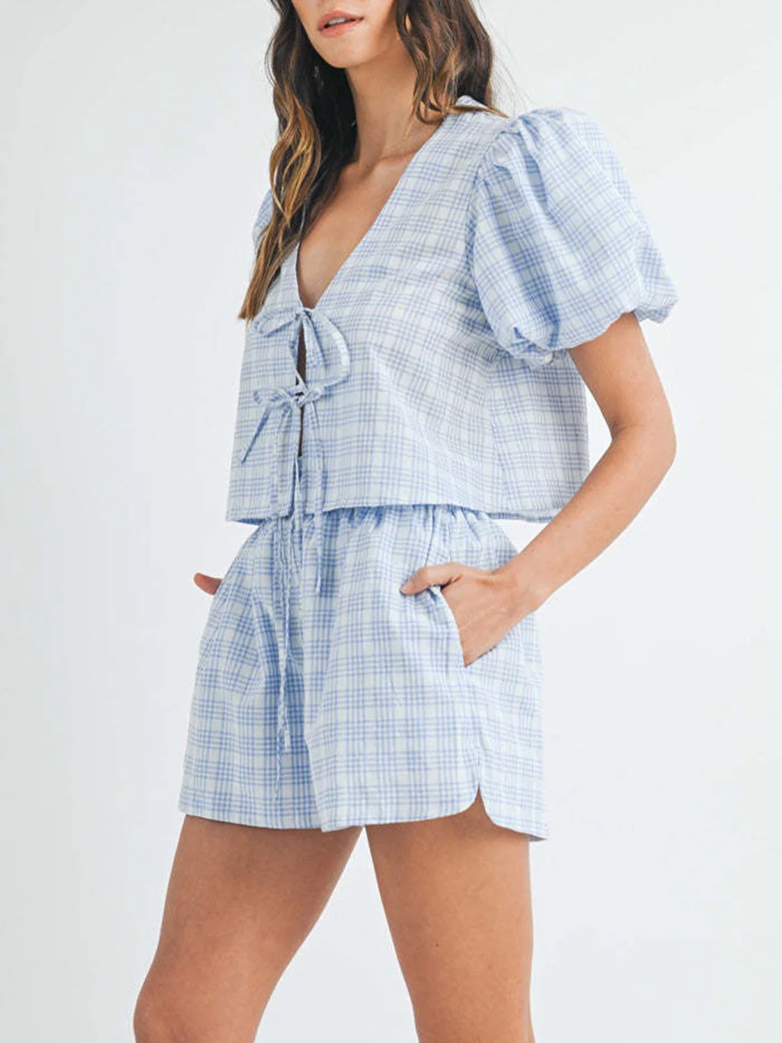 V-Neck Puff Sleeve Top and Shorts Set - Image 3