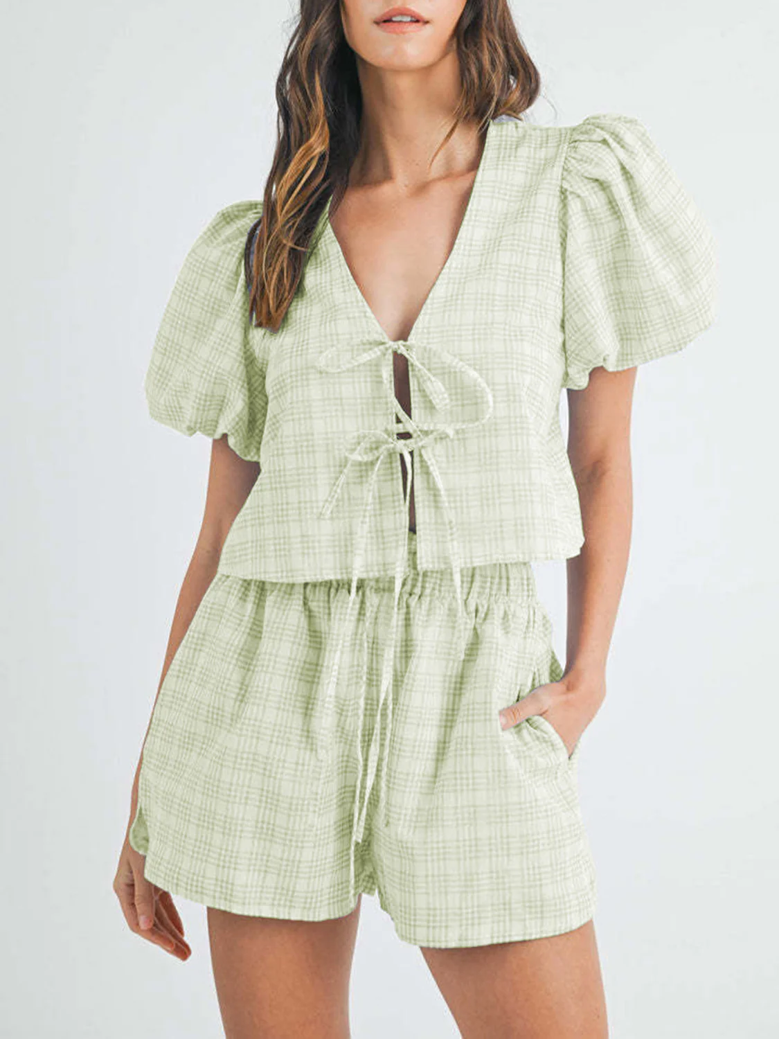 V-Neck Puff Sleeve Top and Shorts Set - Image 5