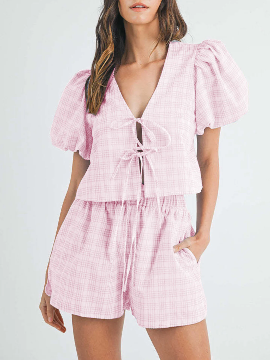 V-Neck Puff Sleeve Top and Shorts Set - Image 9