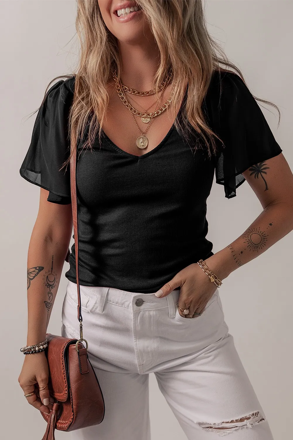 V-Neck Short Sleeve Blouse