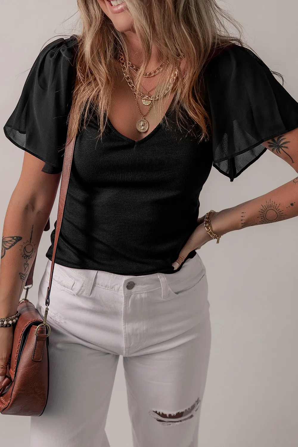 V-Neck Short Sleeve Blouse - Image 4