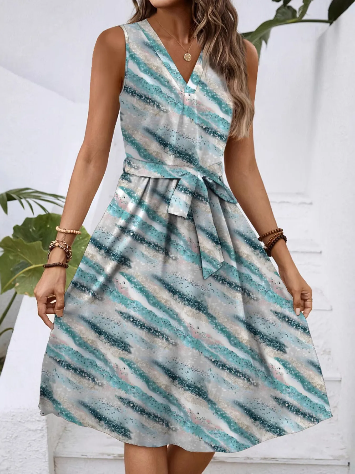 V-Neck Sleeveless Tie Waist Dress - Image 4