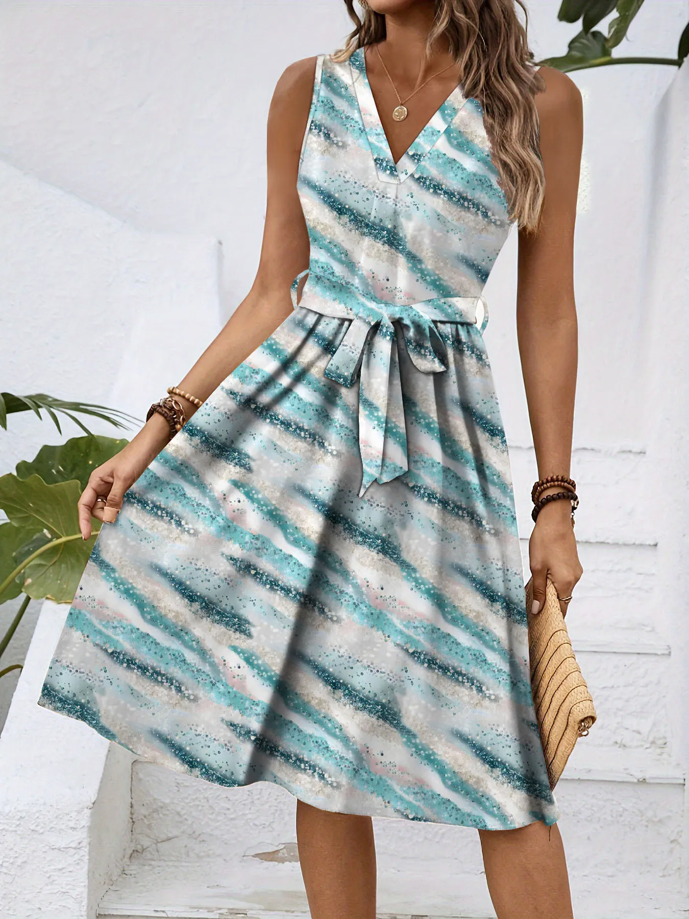 V-Neck Sleeveless Tie Waist Dress - Image 5