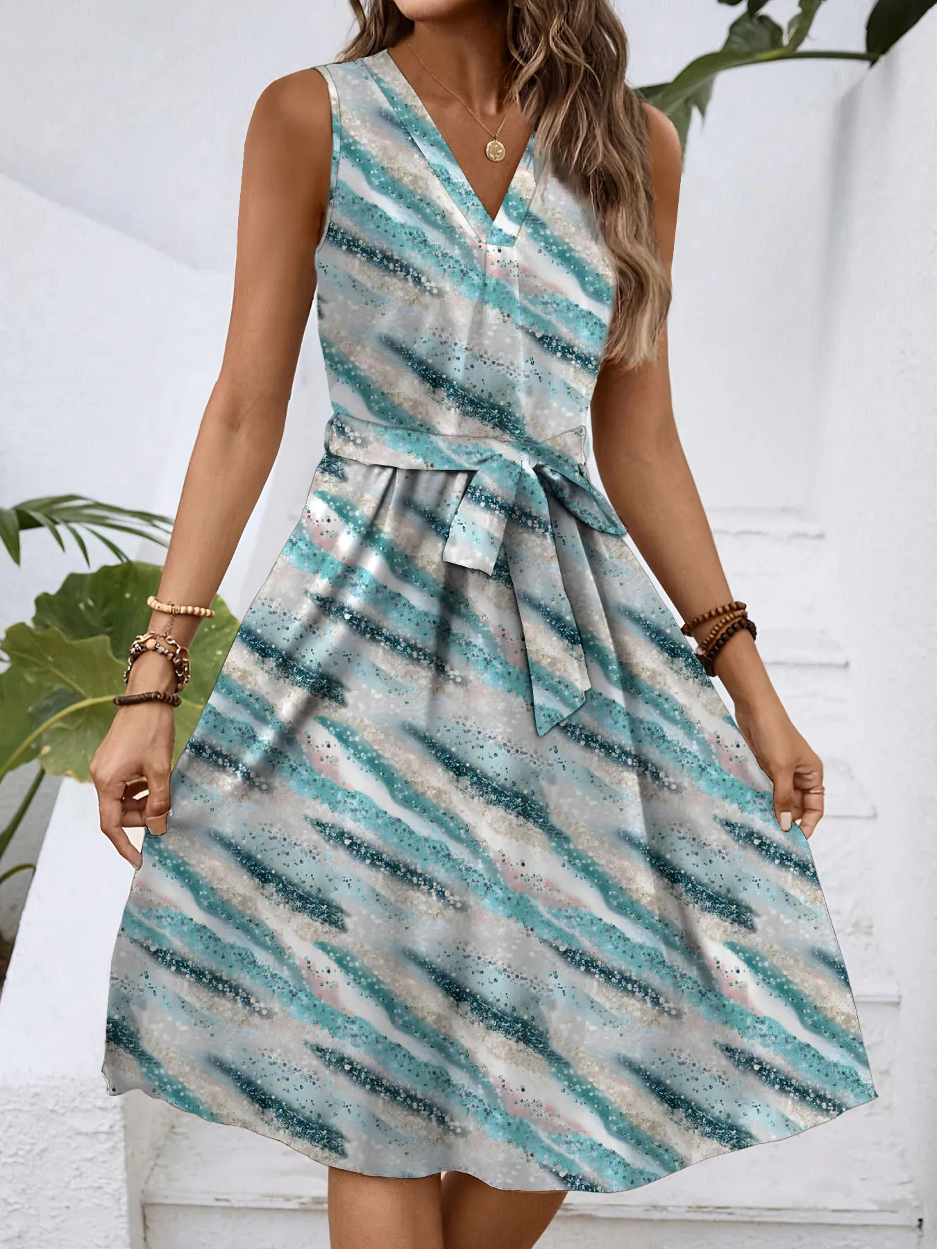 V-Neck Sleeveless Tie Waist Dress - Image 6