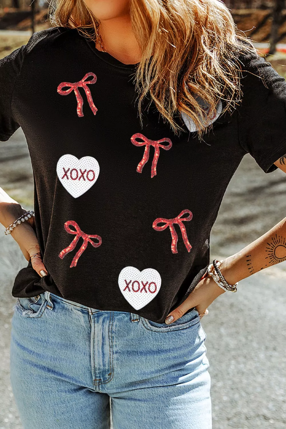 Valentines Bow XOXO Heart Sequin Patched Loose T Shirt - Image 2