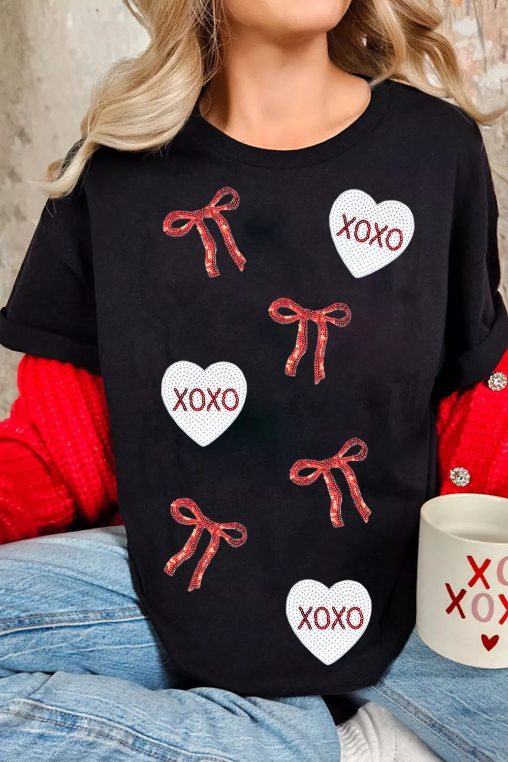Valentines Bow XOXO Heart Sequin Patched Loose T Shirt - Image 3