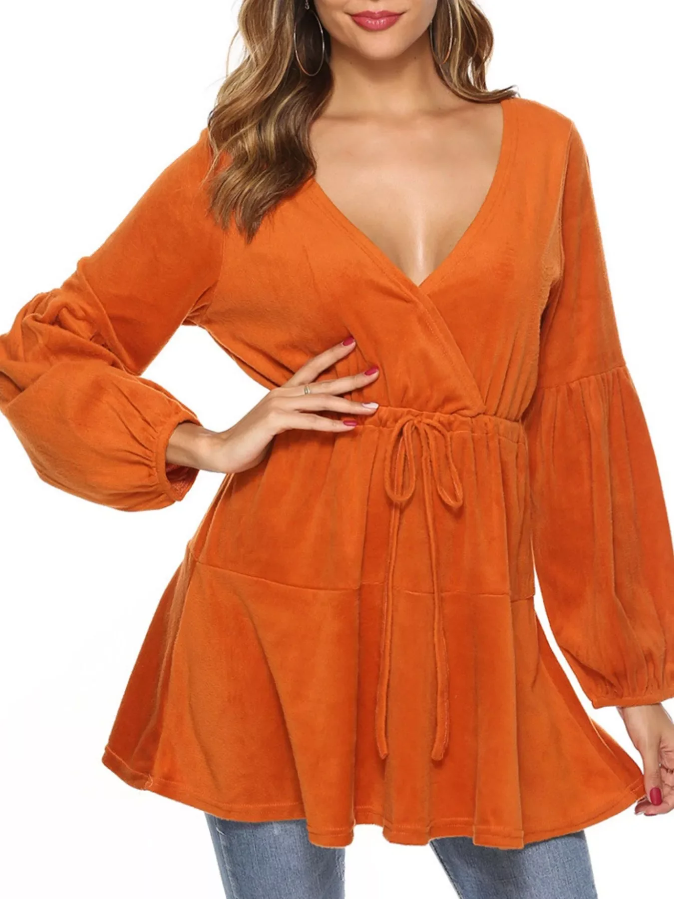 Velvet Long Sleeve Drawstring Blouse - Image 2
