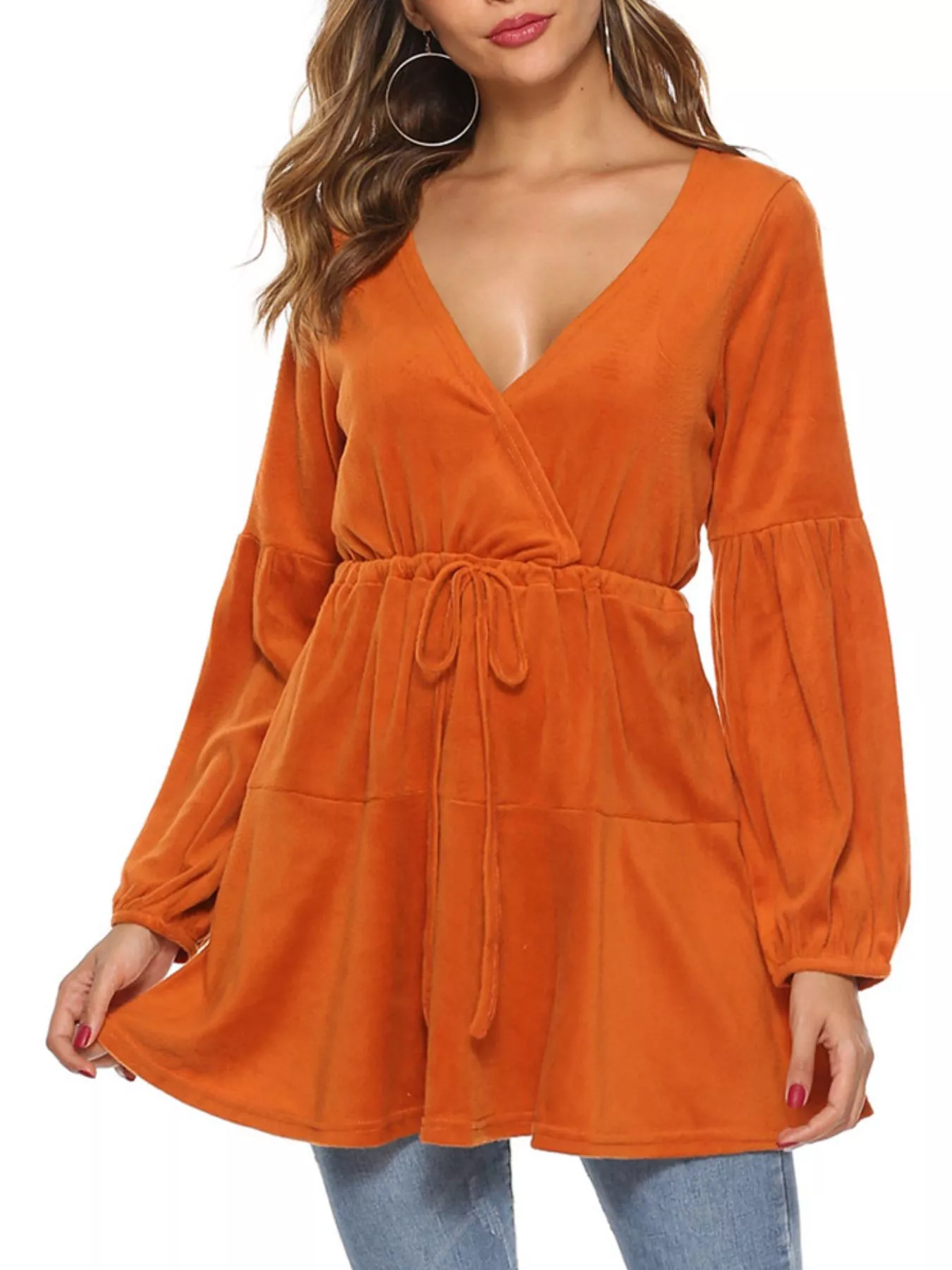 Velvet Long Sleeve Drawstring Blouse - Image 4