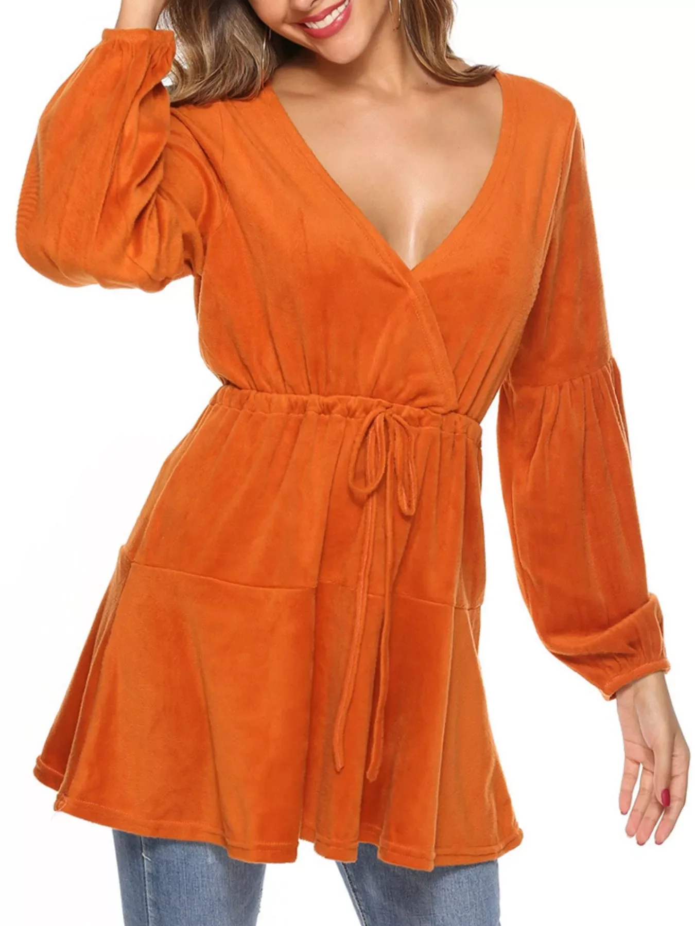Velvet Long Sleeve Drawstring Blouse - Image 5
