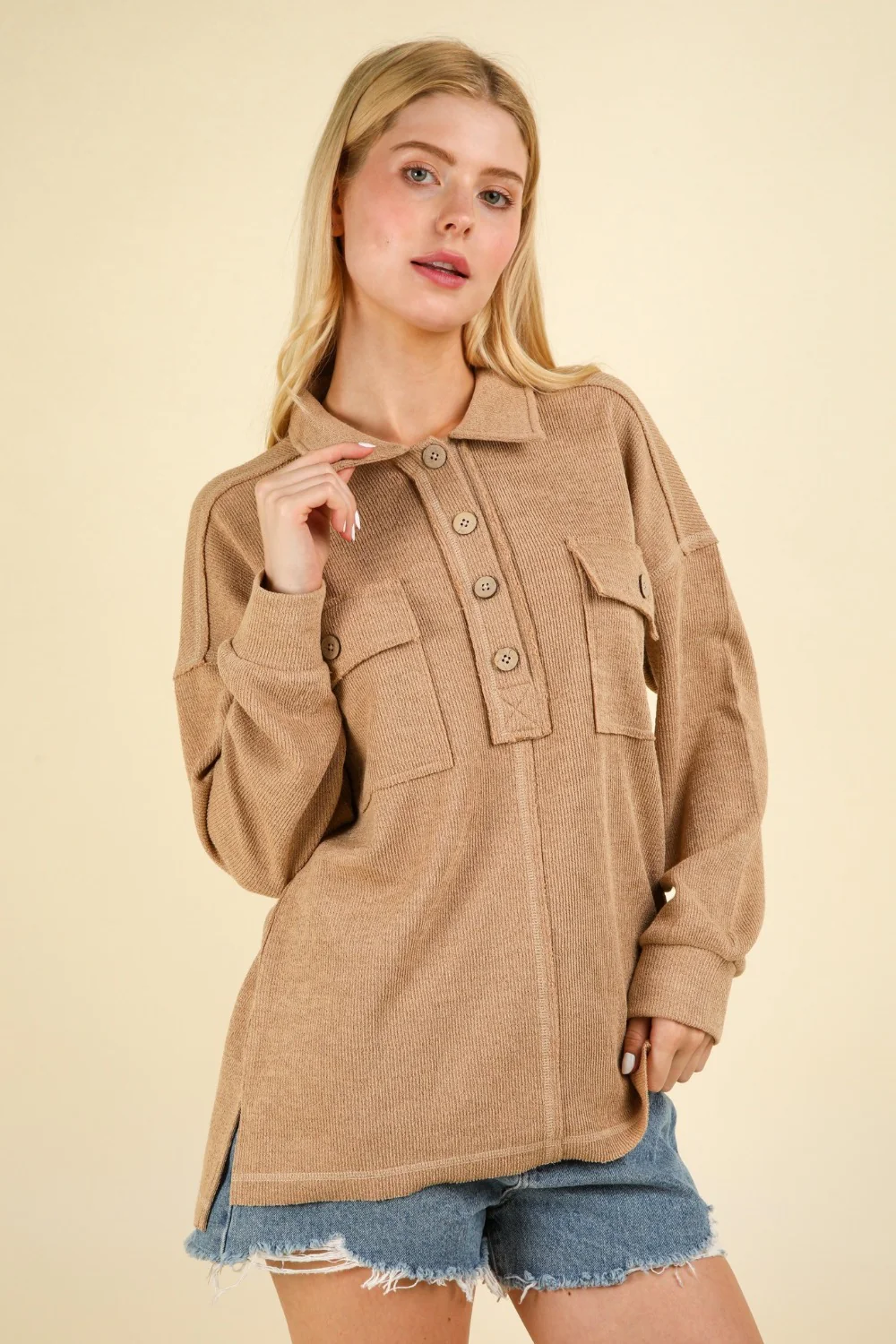 VERY J Collared Half Button Knit Top with Pockets - Image 4