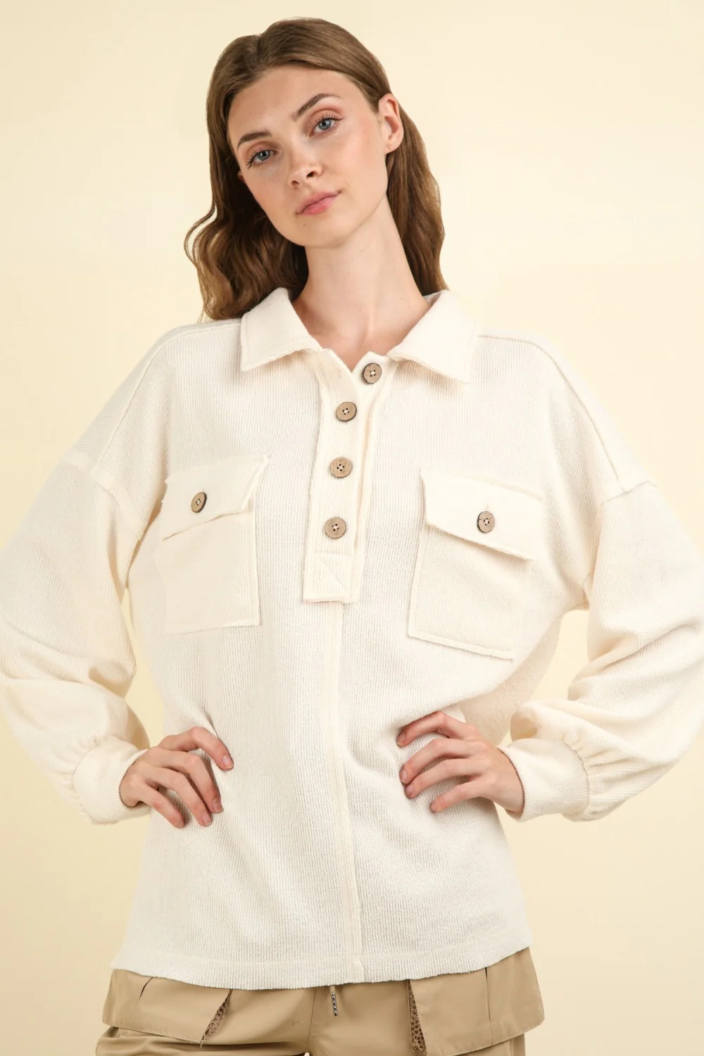 VERY J Collared Half Button Knit Top with Pockets - Image 4