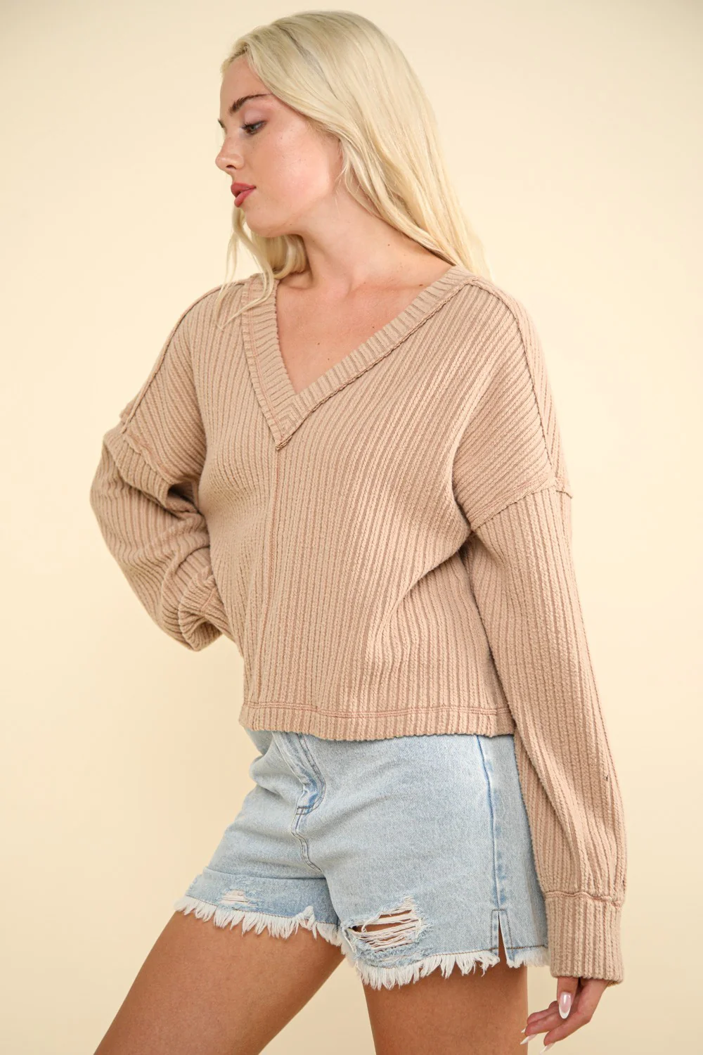 VERY J Exposed Seam V-Neck Ribbed Knit Top - Image 3