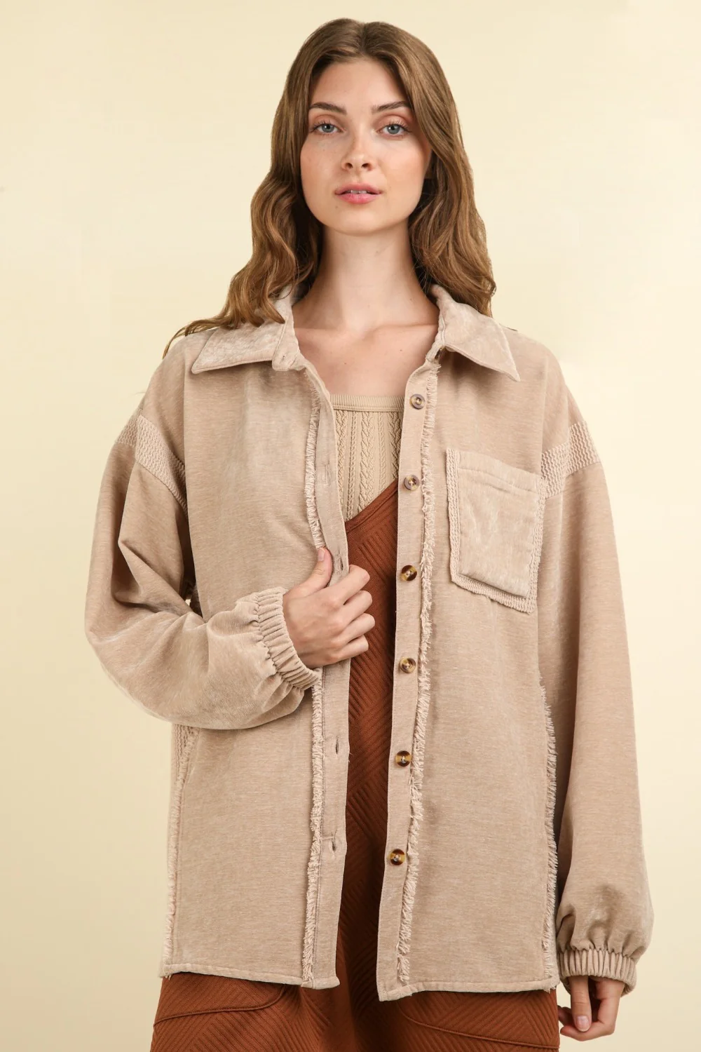 VERY J Mixed Media Button Down Raw Hem Jacket