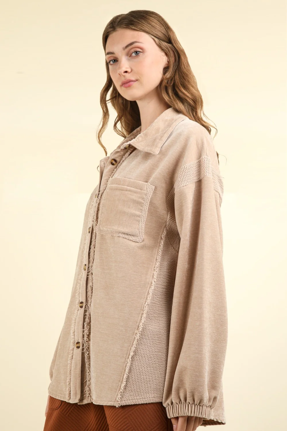 VERY J Mixed Media Button Down Raw Hem Jacket - Image 3