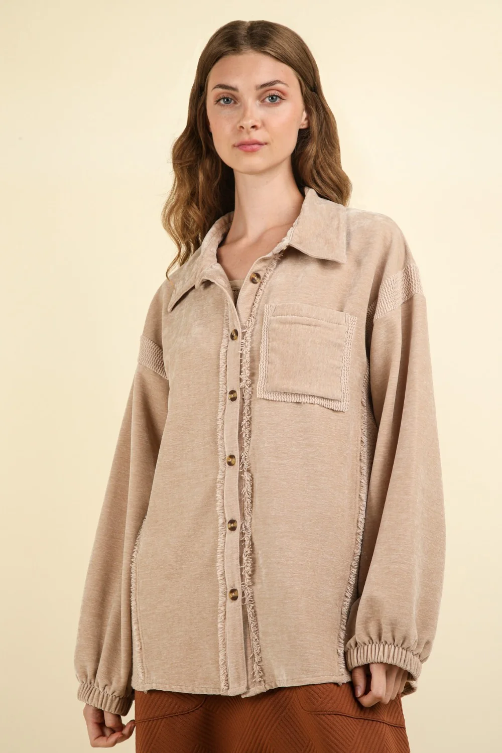 VERY J Mixed Media Button Down Raw Hem Jacket - Image 4