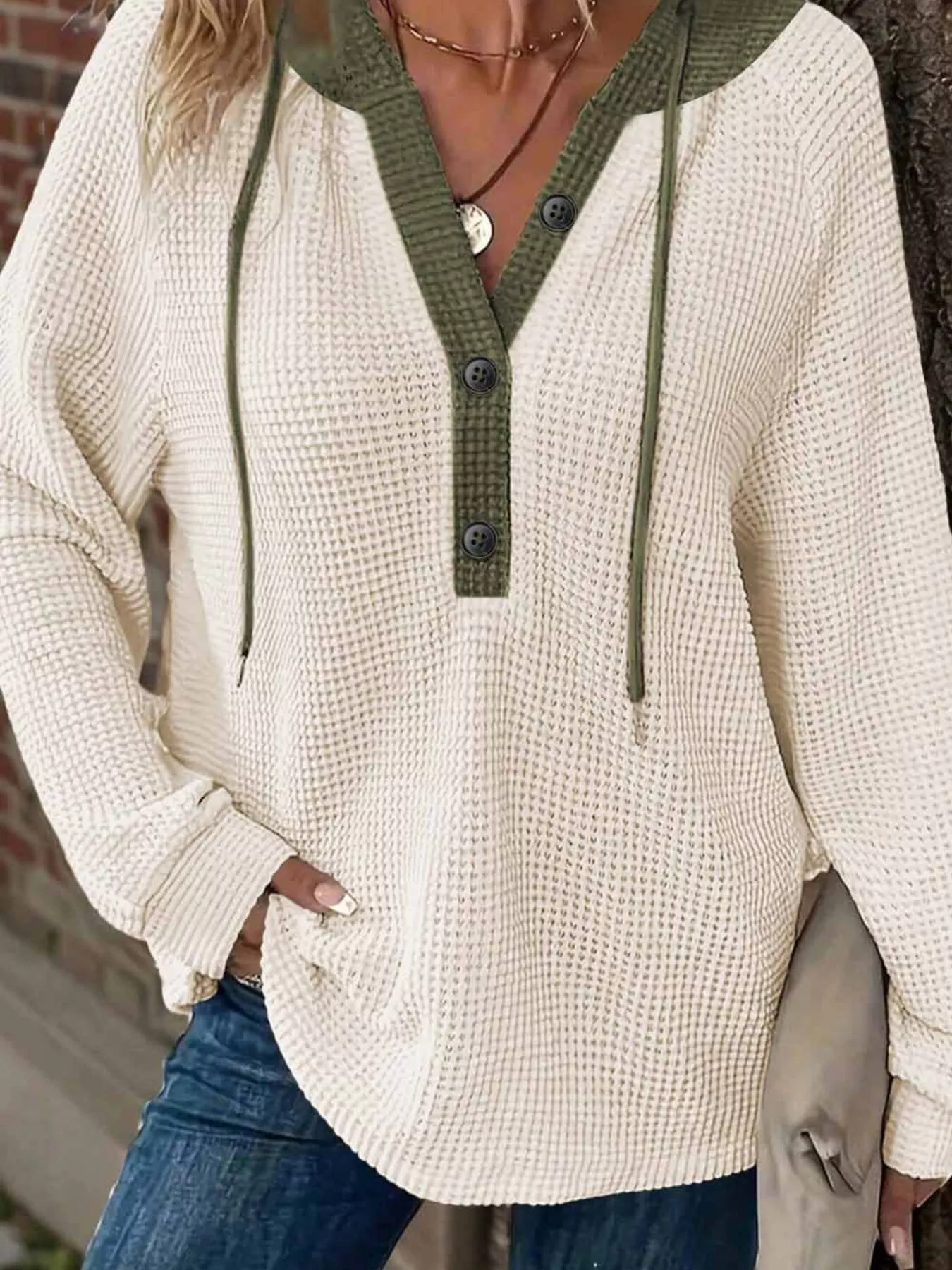 Waffle Knit Button Detail Drawstring Hoodie - Image 2