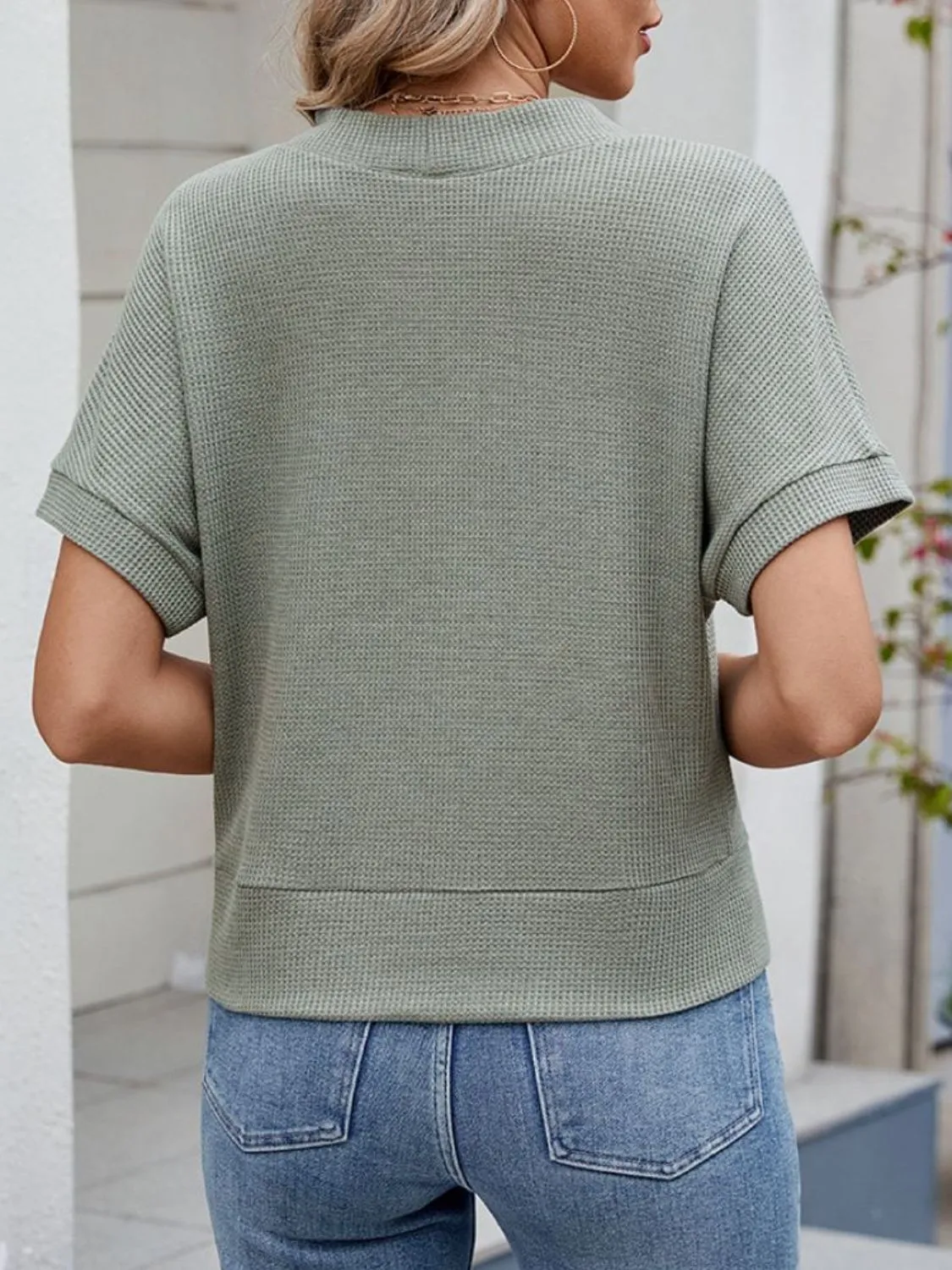 Waffle Knit Button Down Short Sleeve Top - Image 10