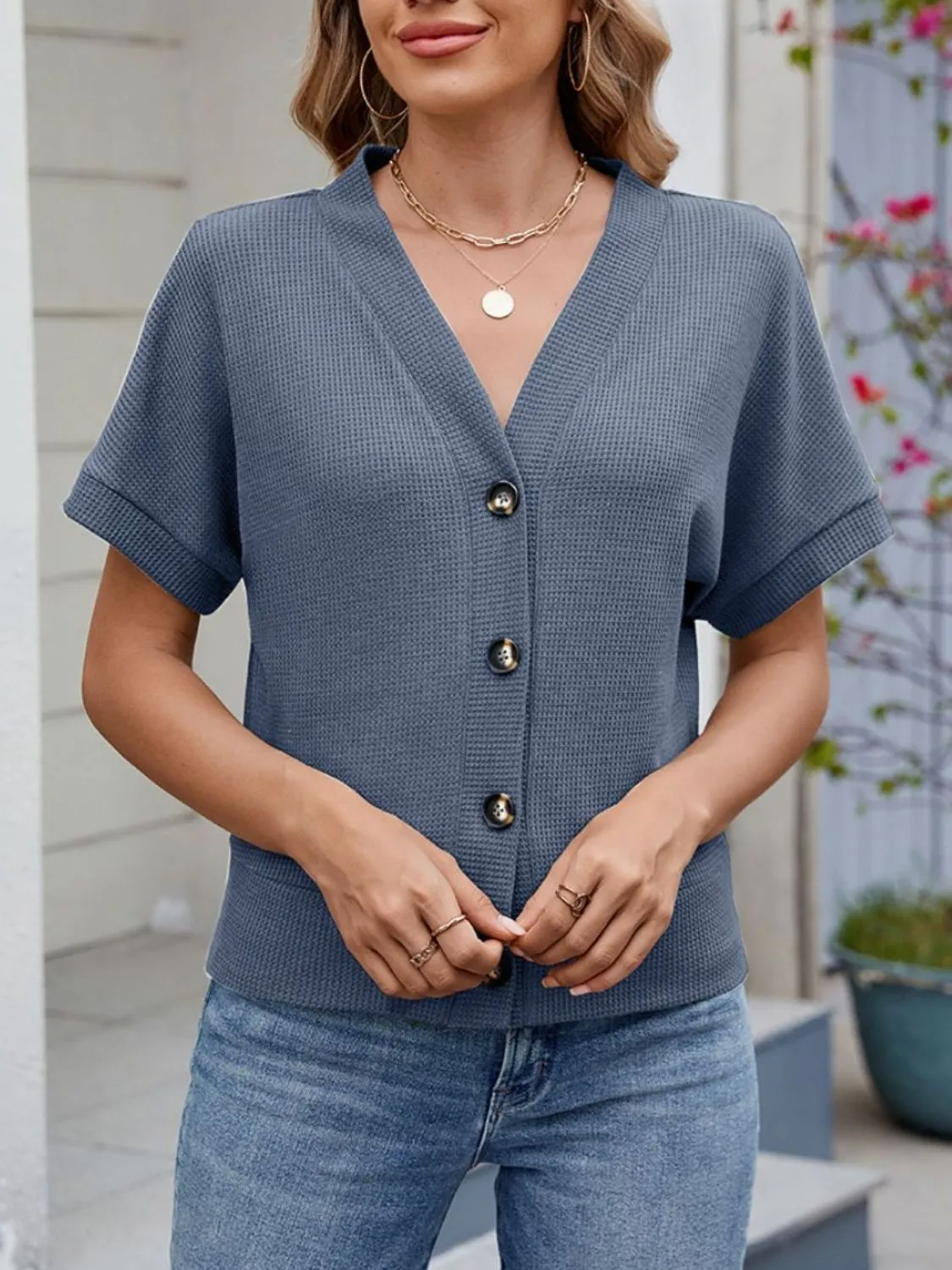 Waffle Knit Button Down Short Sleeve Top - Image 13