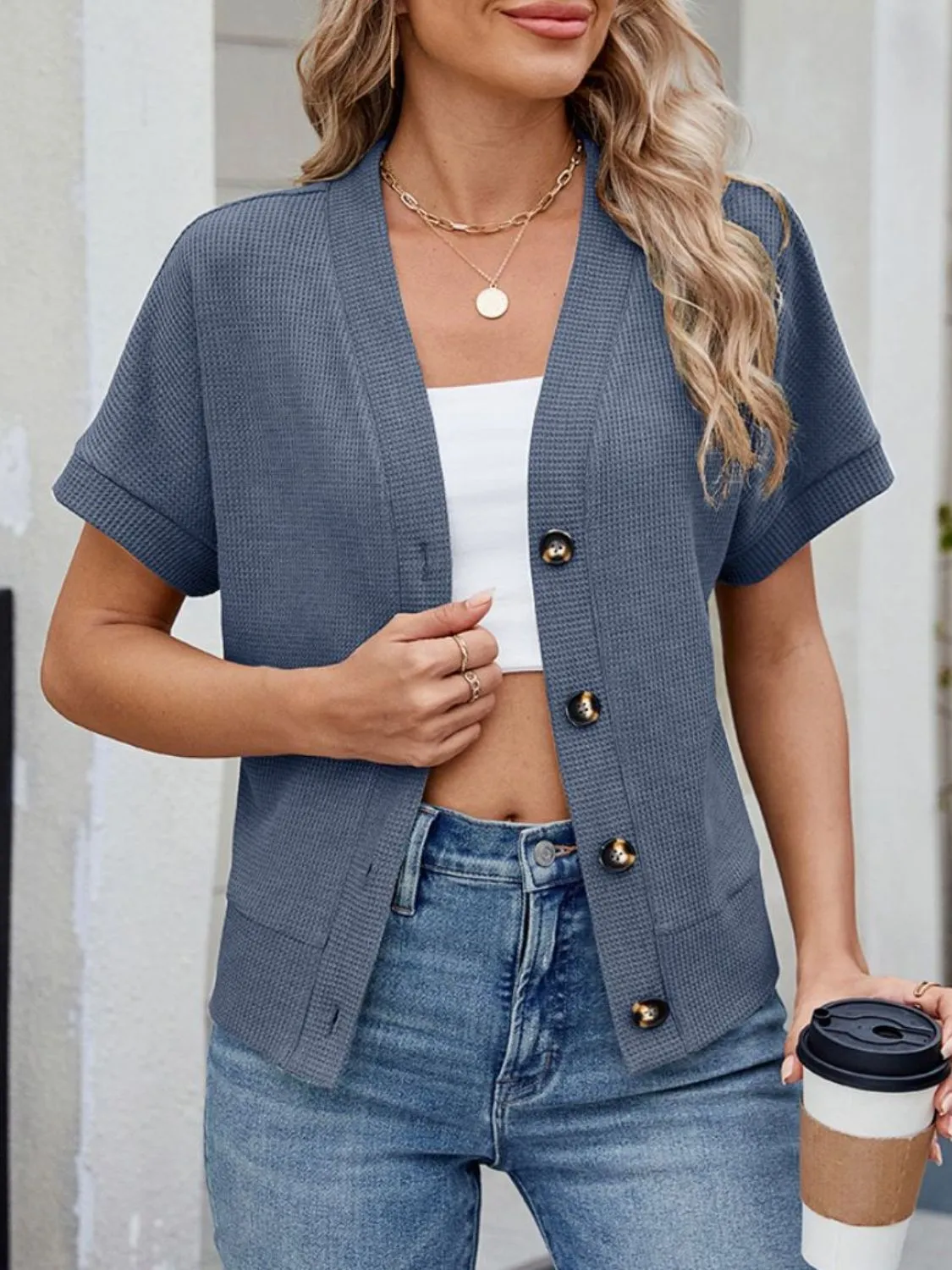 Waffle Knit Button Down Short Sleeve Top - Image 14