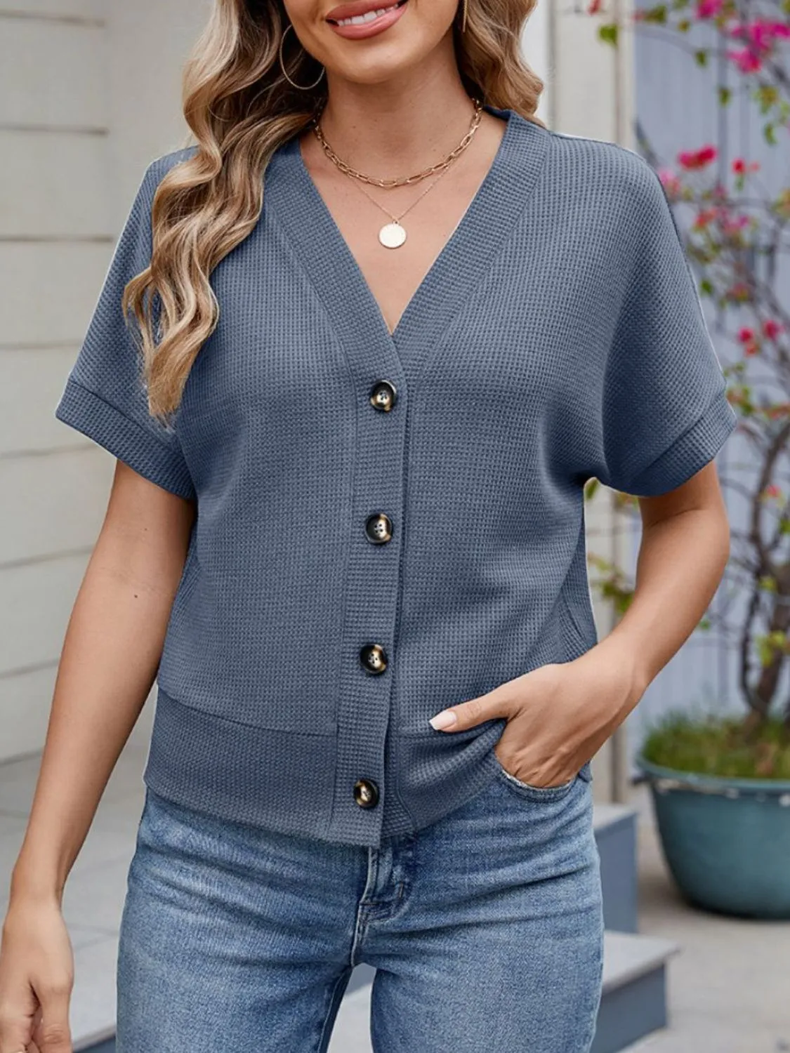 Waffle Knit Button Down Short Sleeve Top - Image 15
