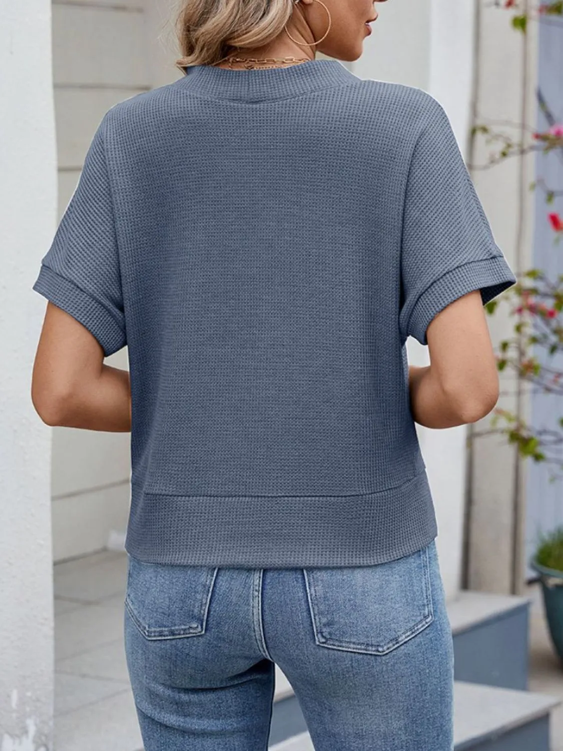 Waffle Knit Button Down Short Sleeve Top - Image 16