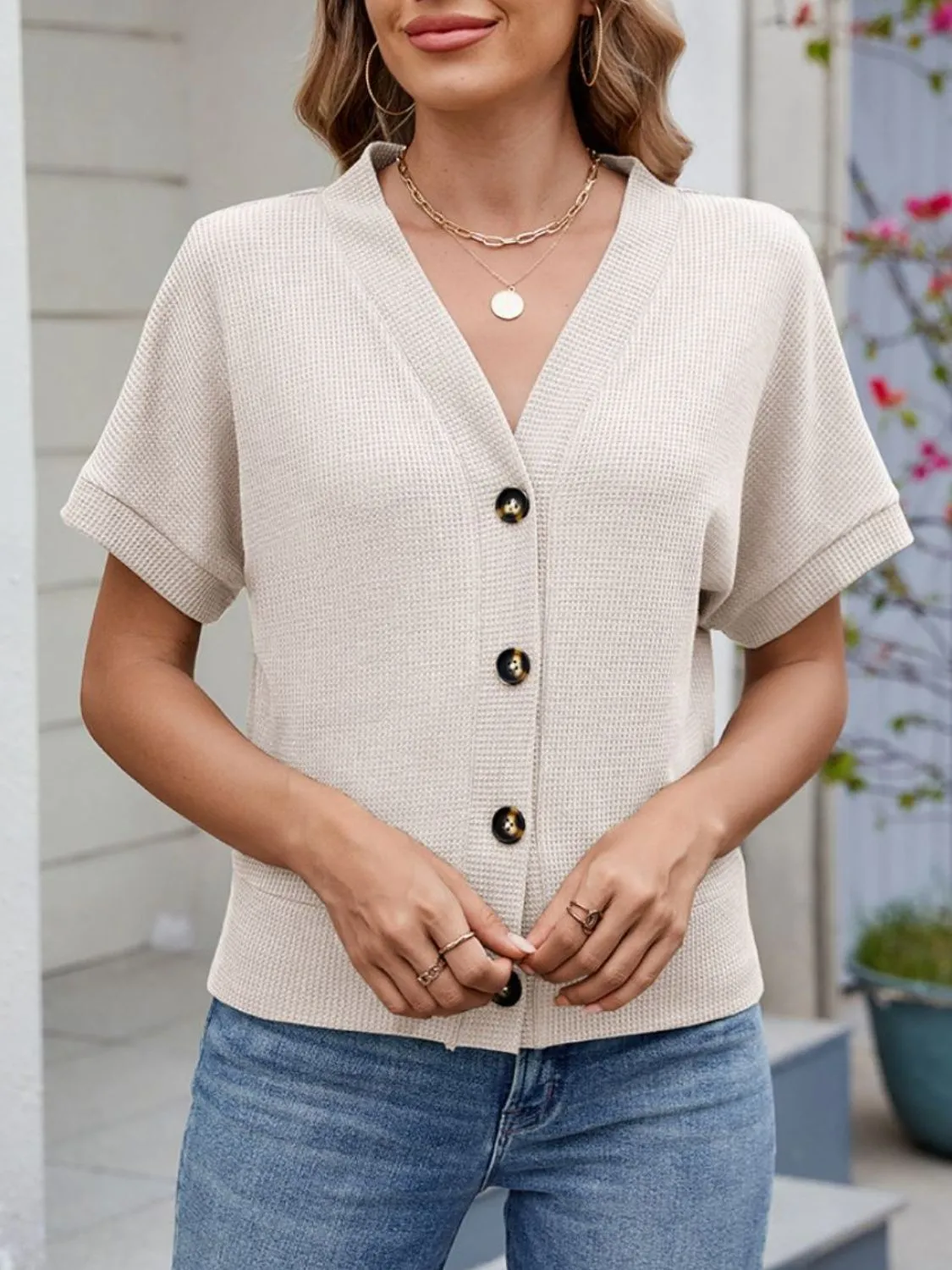 Waffle Knit Button Down Short Sleeve Top - Image 18