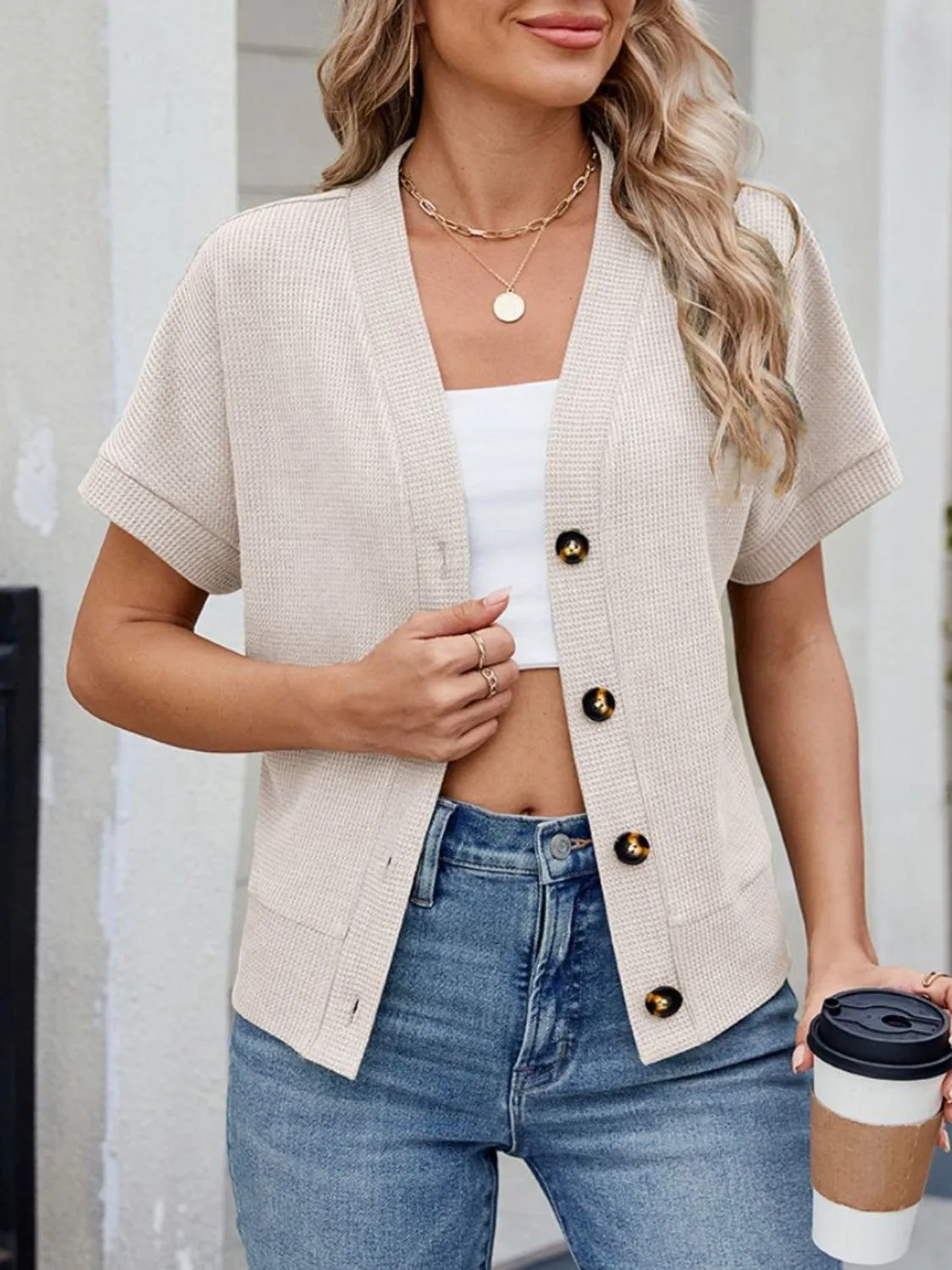 Waffle Knit Button Down Short Sleeve Top - Image 19