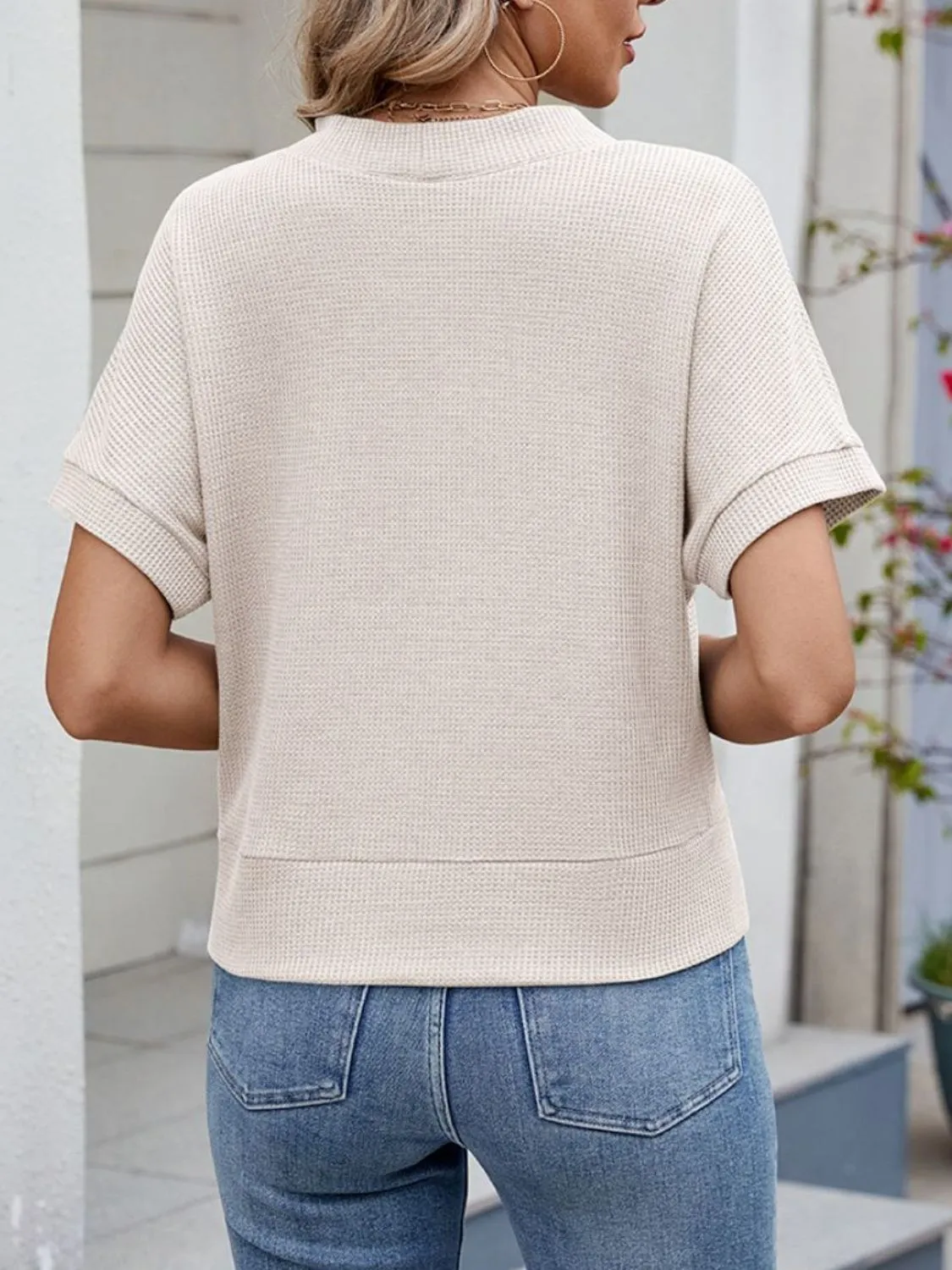 Waffle Knit Button Down Short Sleeve Top - Image 22